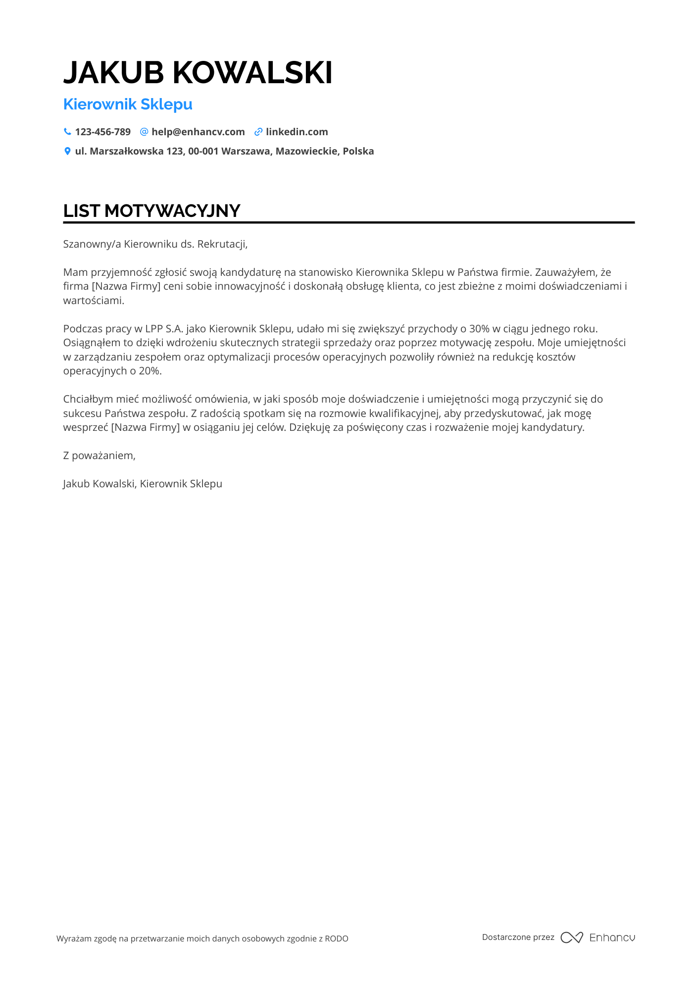 List motywacyjny dla Kierownik Sklepu Sieciowego Resume Example