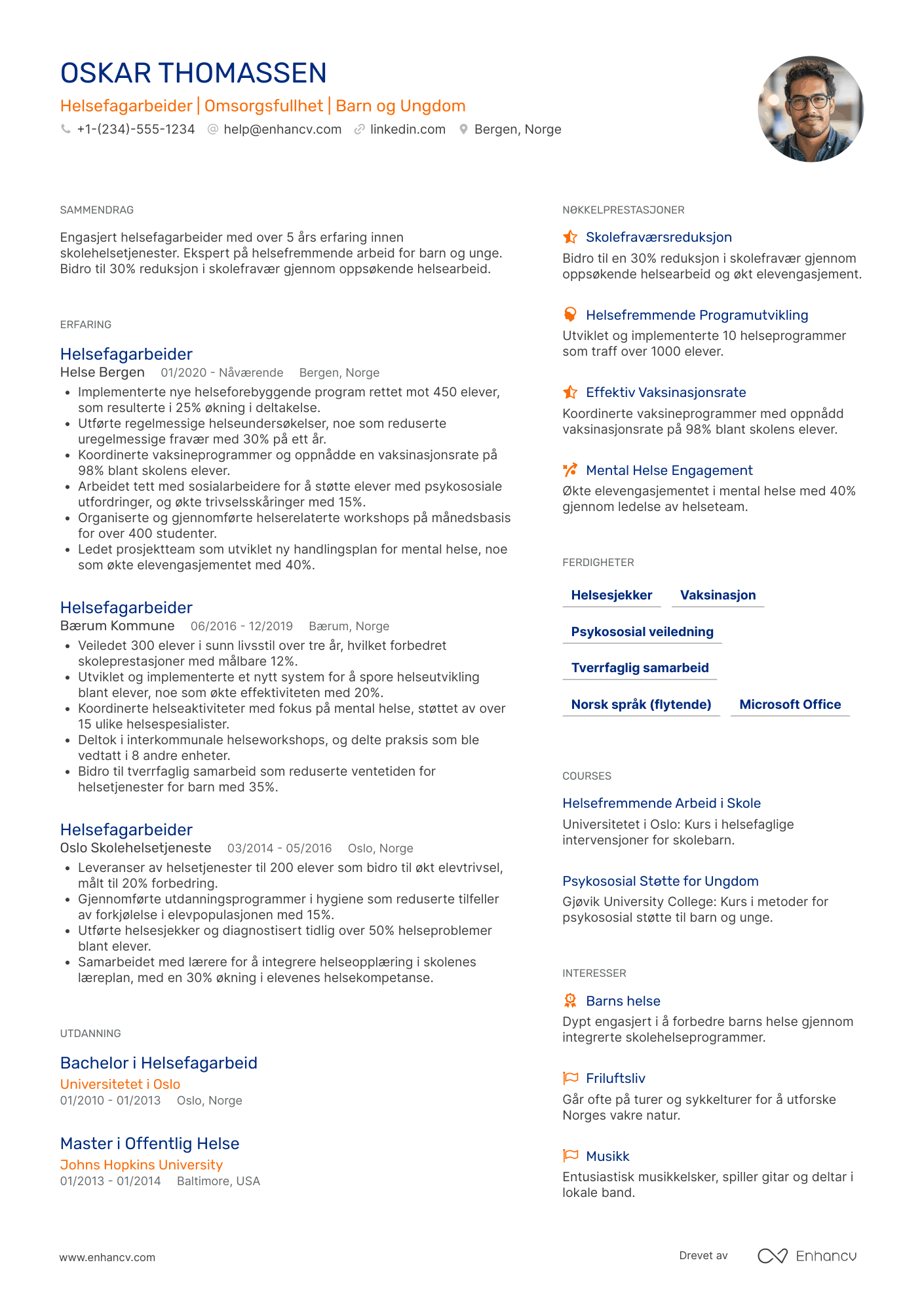 CV for Helsefagarbeider i Skolehelsetjeneste Resume Example