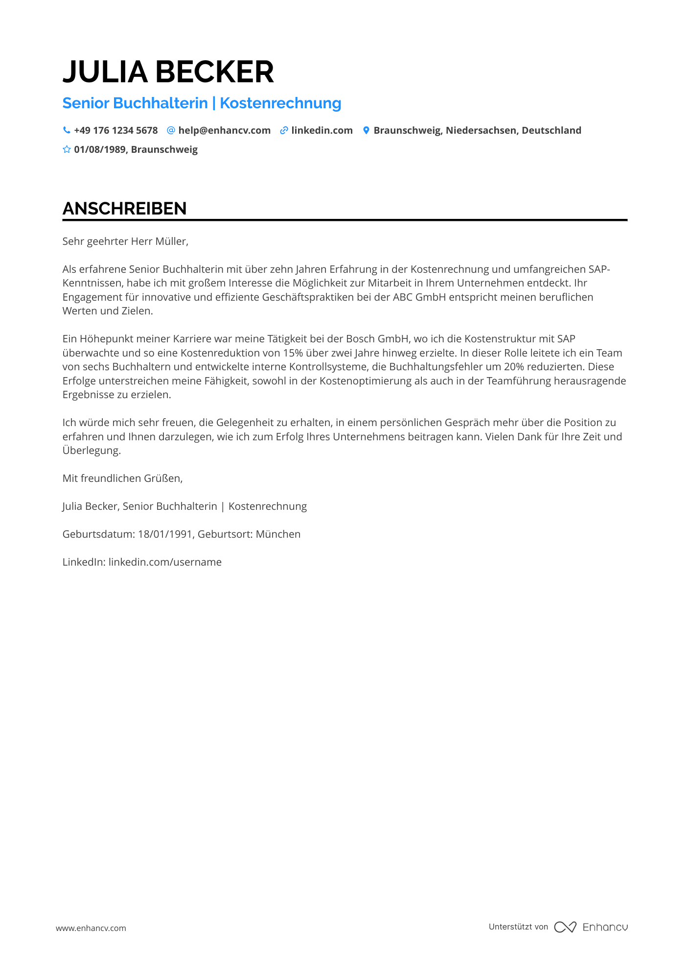 Buchhalter für Kostenrechnung Resume Example