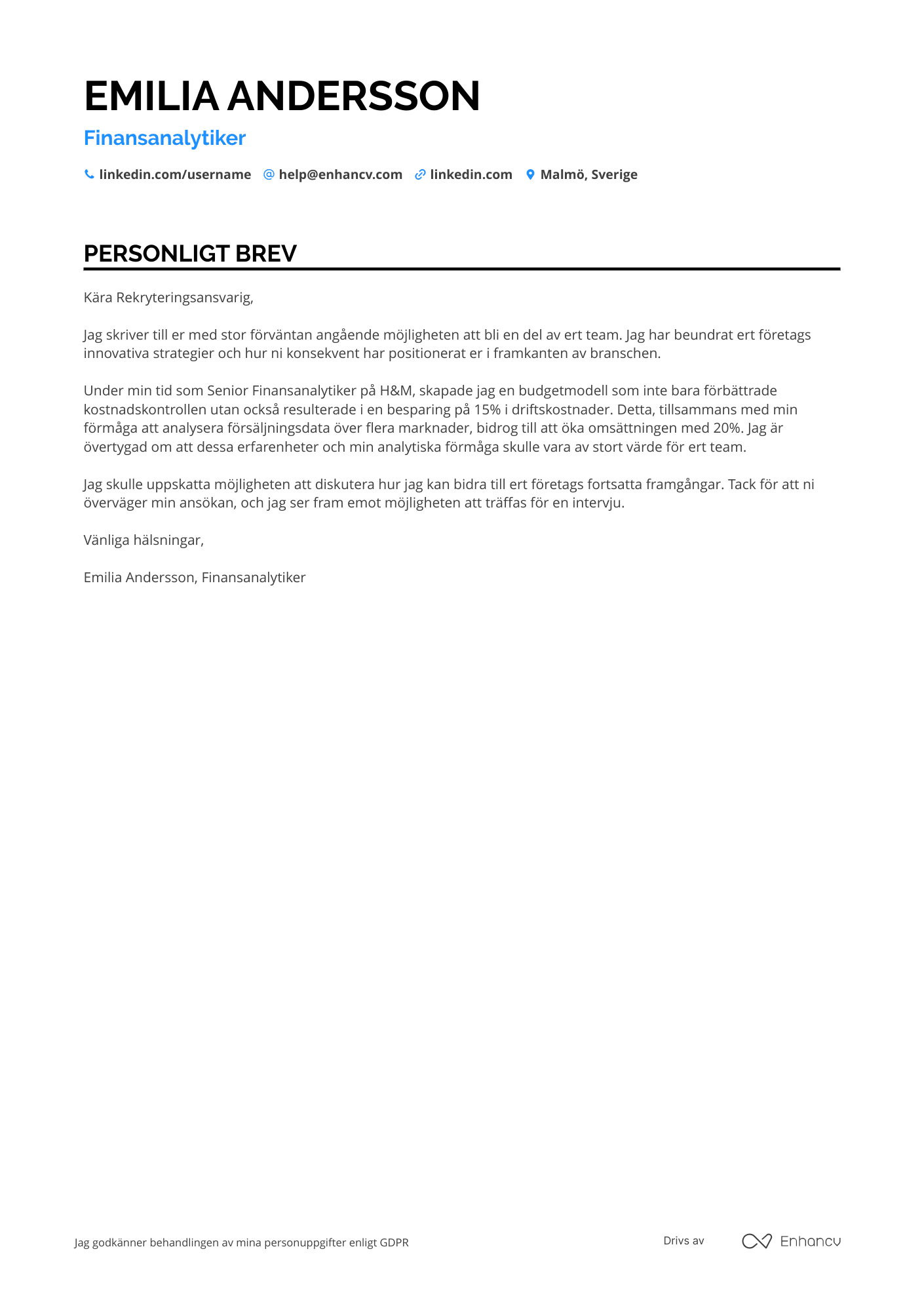 Personligt brev för Finansanalytiker på Amazon Resume Example