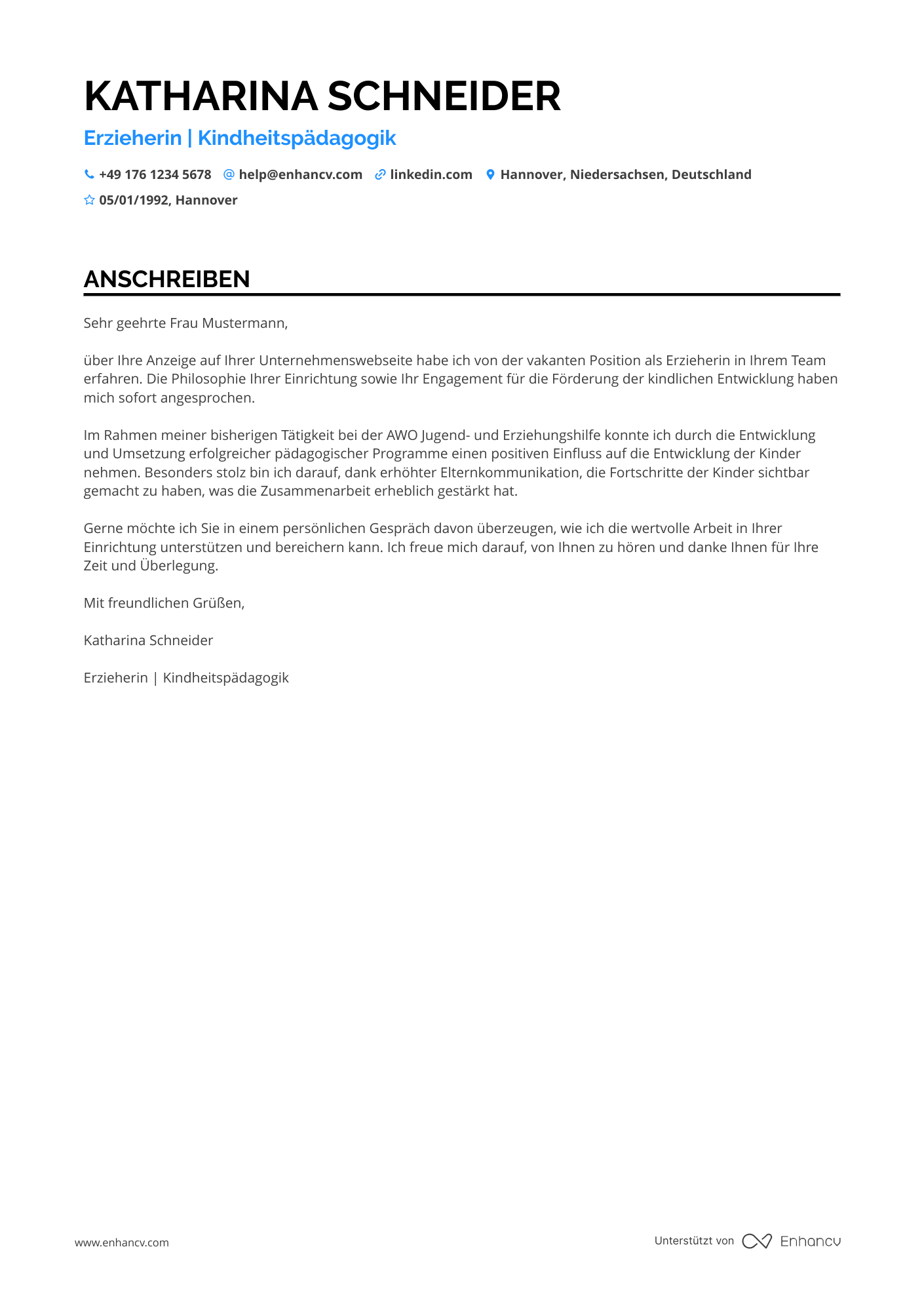 Berufseinsteiger Erzieherin Resume Example