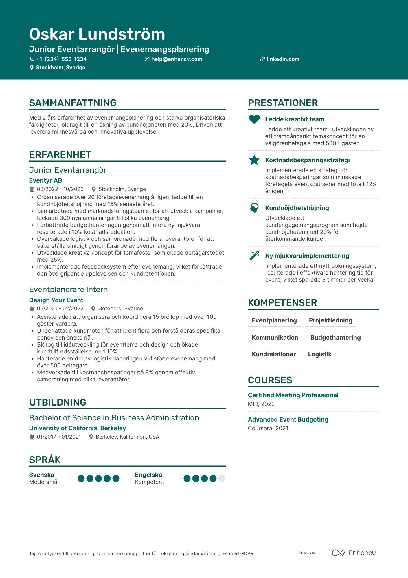 CV för Junior Eventarrangör Resume Example