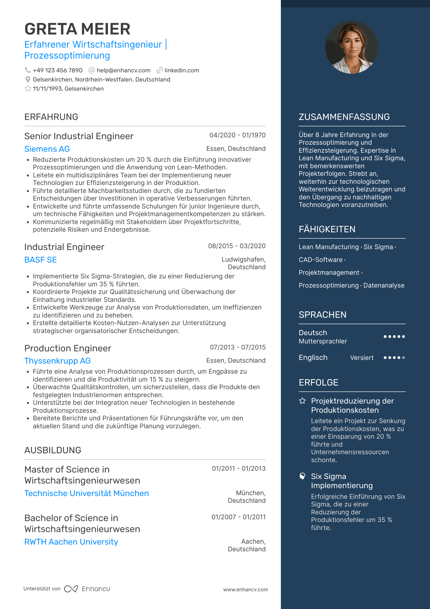 Lebenslauf als Wirtschaftsingenieur mit Berufserfahrung Resume Example