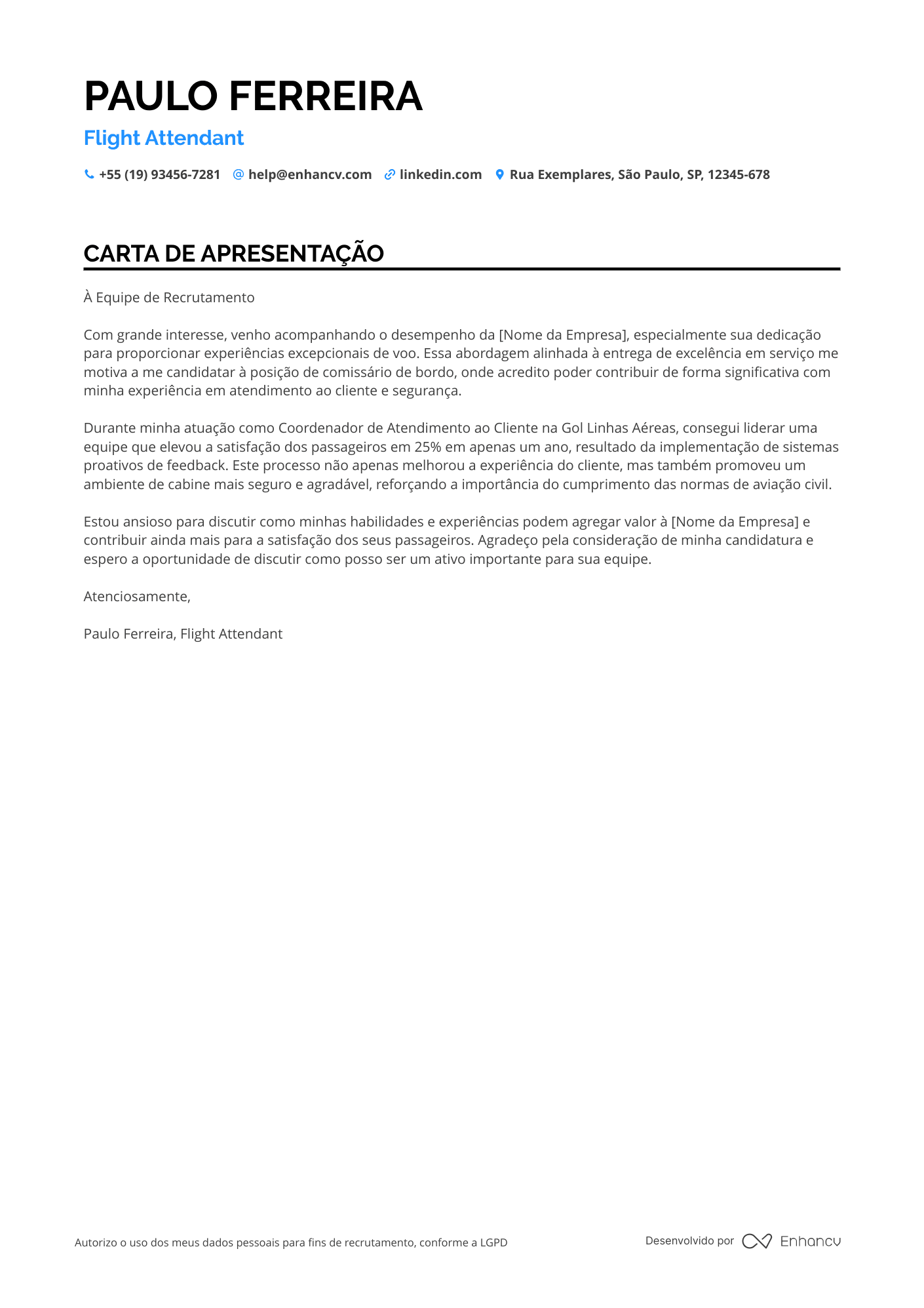 Comissário de bordo Sênior Resume Example