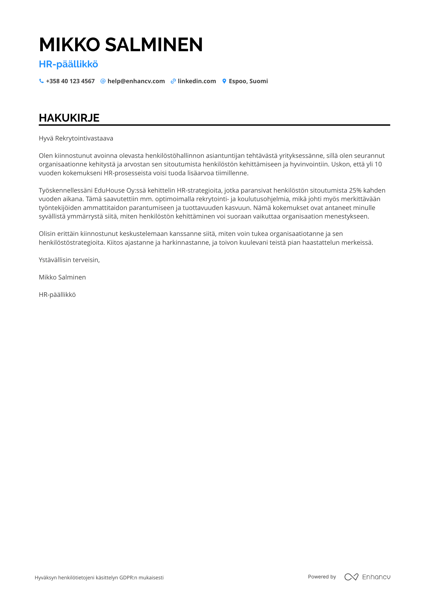 Hakukirje HR päällikkö koulutus Resume Example