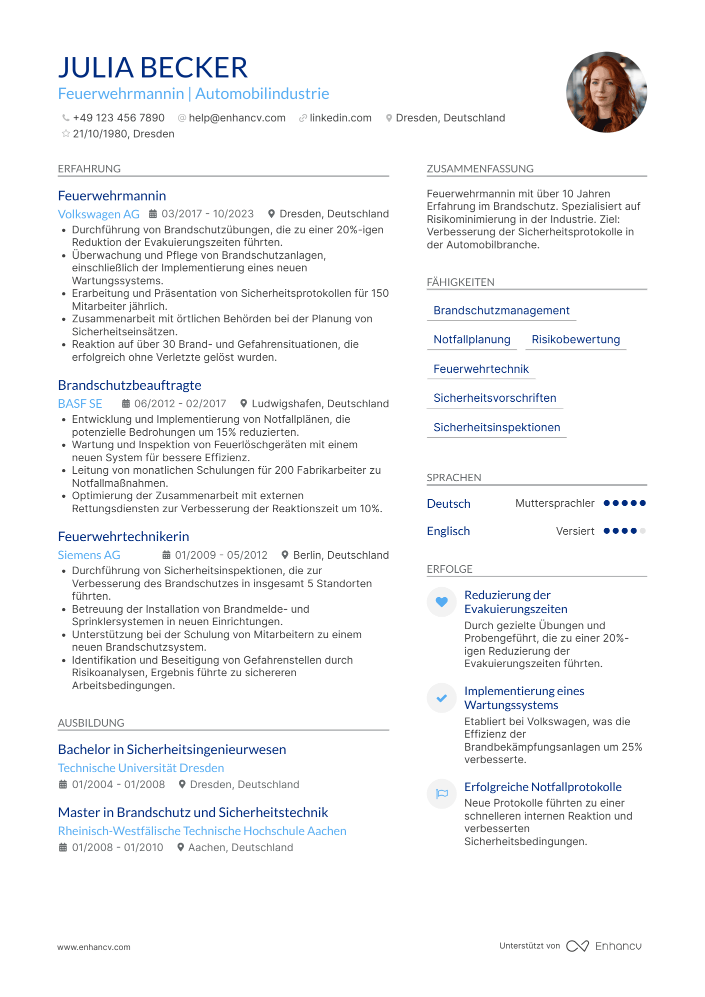 Lebenslauf in Feuerwehrmann für Automobilindustrie Resume Example