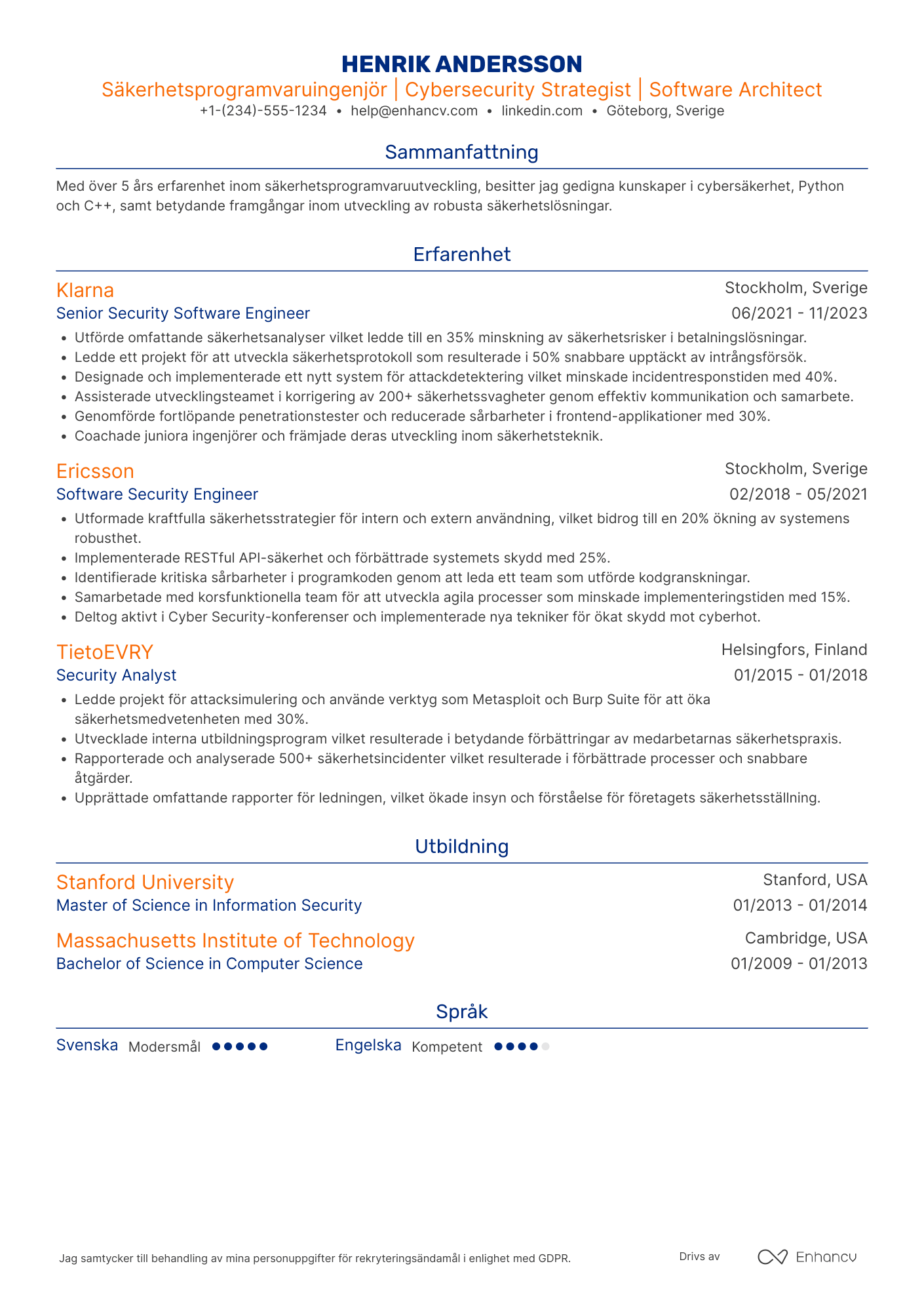 CV för Säkerhetsprogramvaruingenjör Resume Example