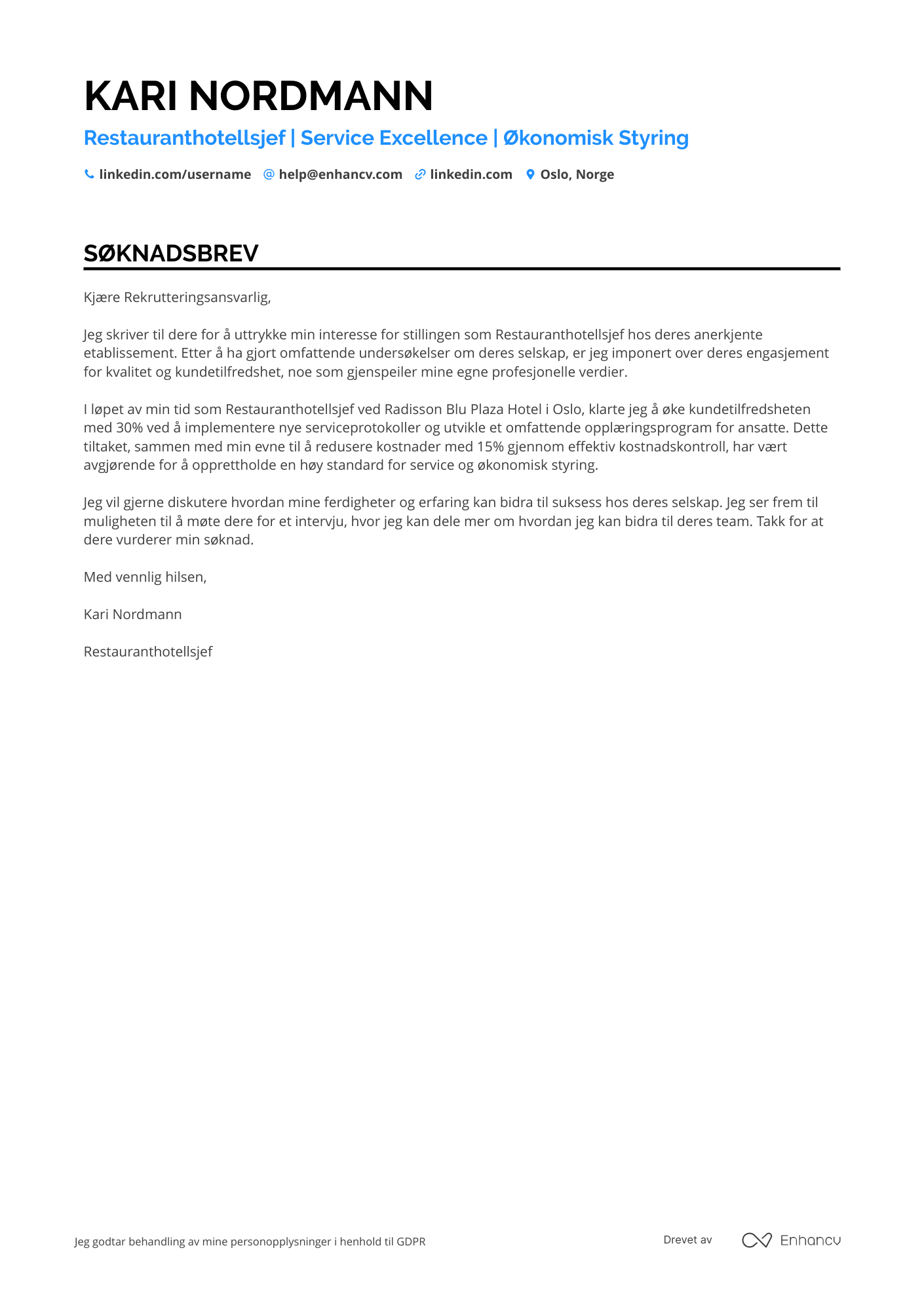 Søknadsbrev for Restauranthotellsjef Resume Example