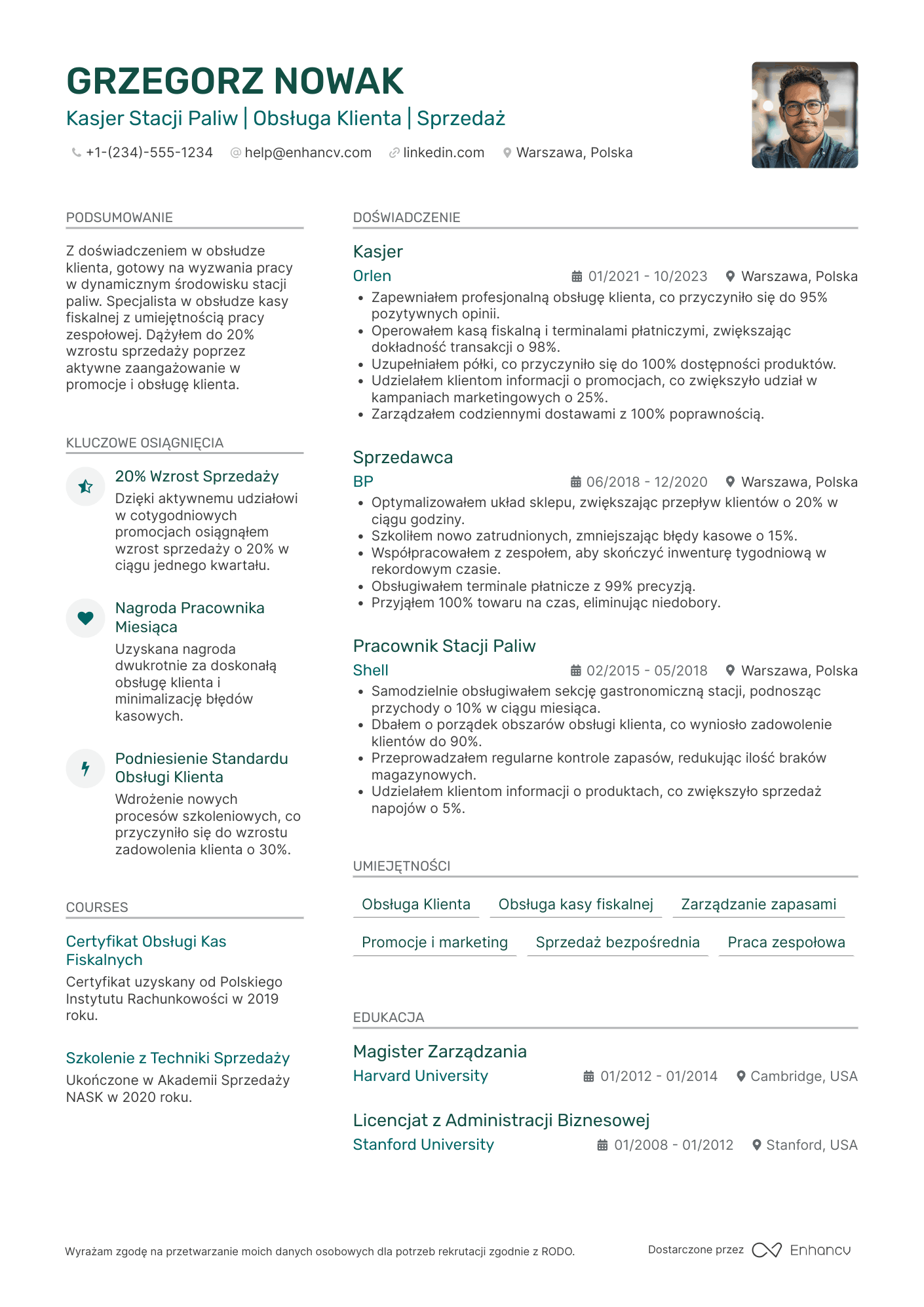 CV dla Kasjer Stacji Paliw Resume Example