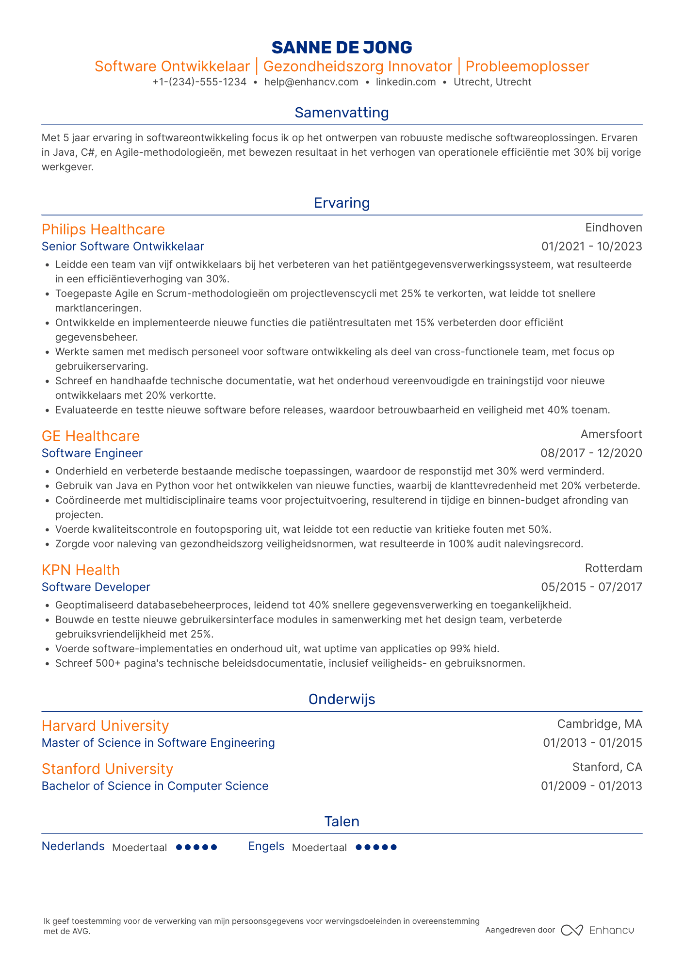 CV voor Software Ontwikkelaar Healthcare Resume Example