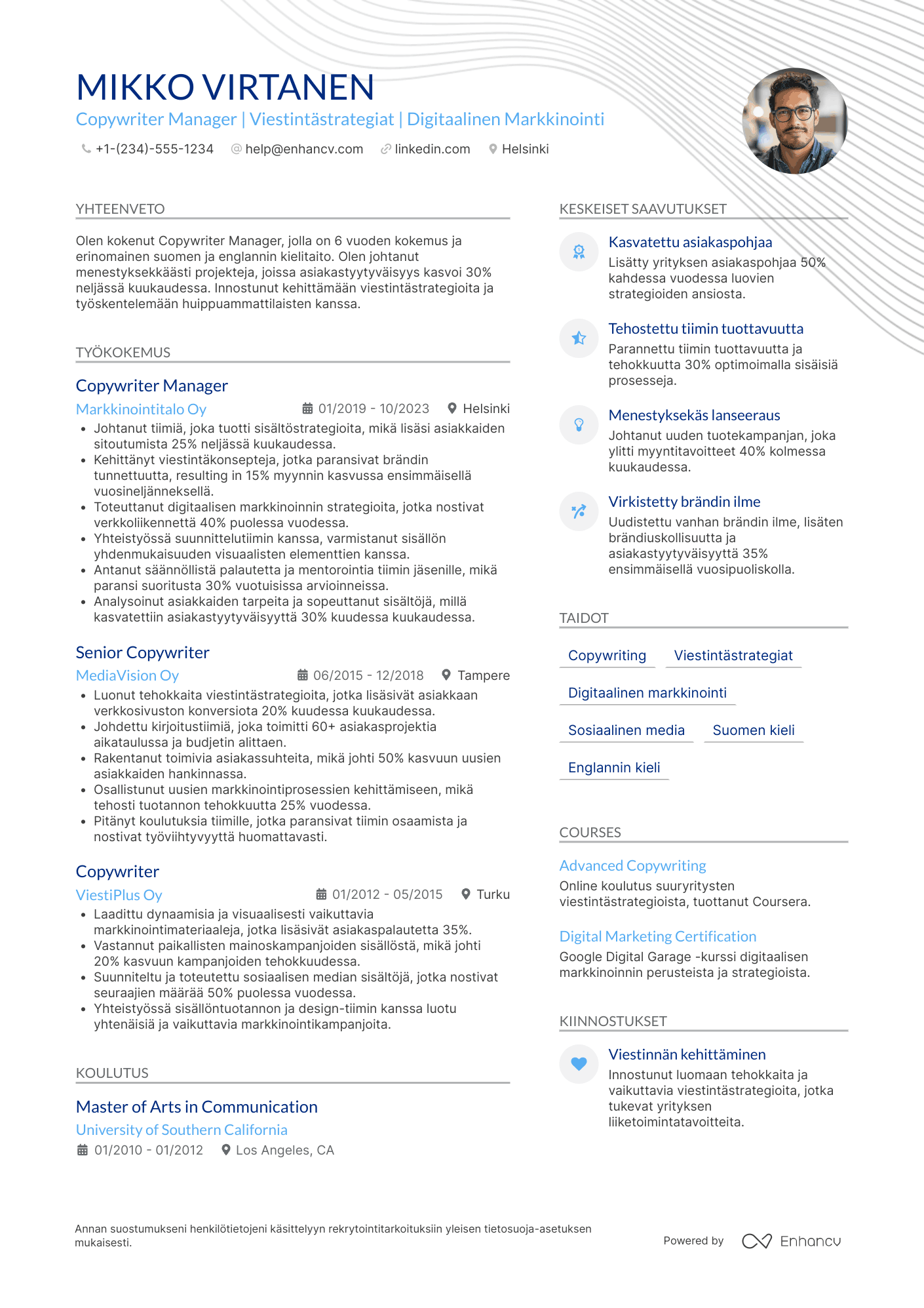 Ansioluettelo Copywriter Manager Resume Example