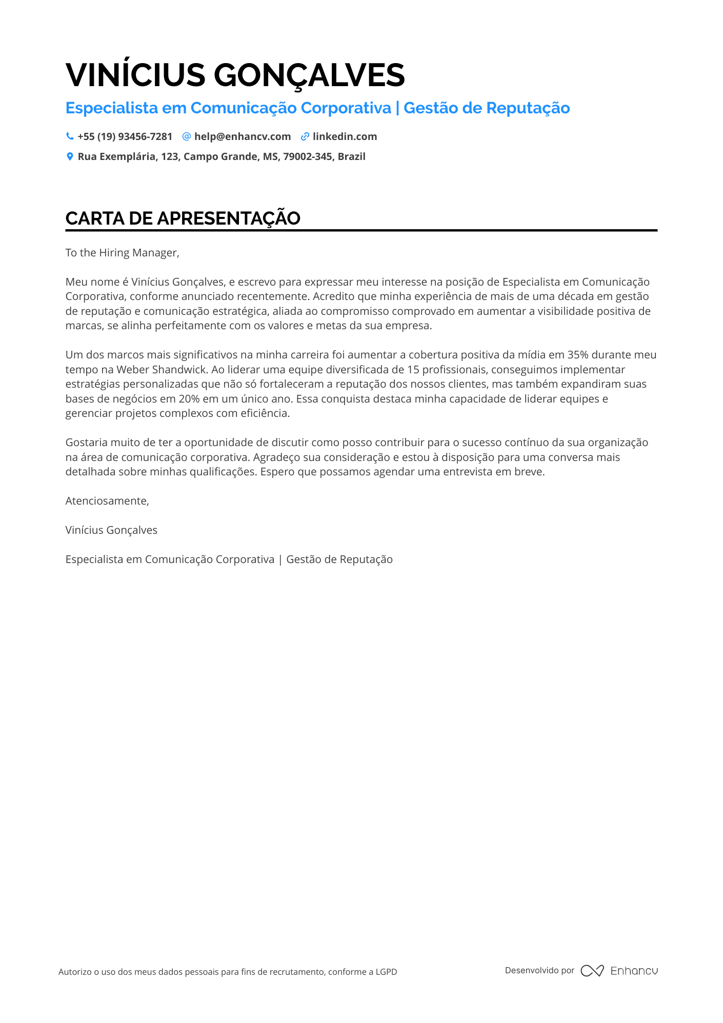 Executivo de Relações Públicas Resume Example