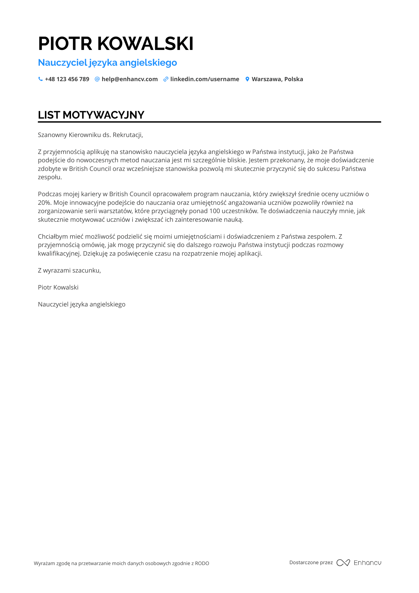 List motywacyjny dla Nauczyciel Języka Angielskiego Resume Example