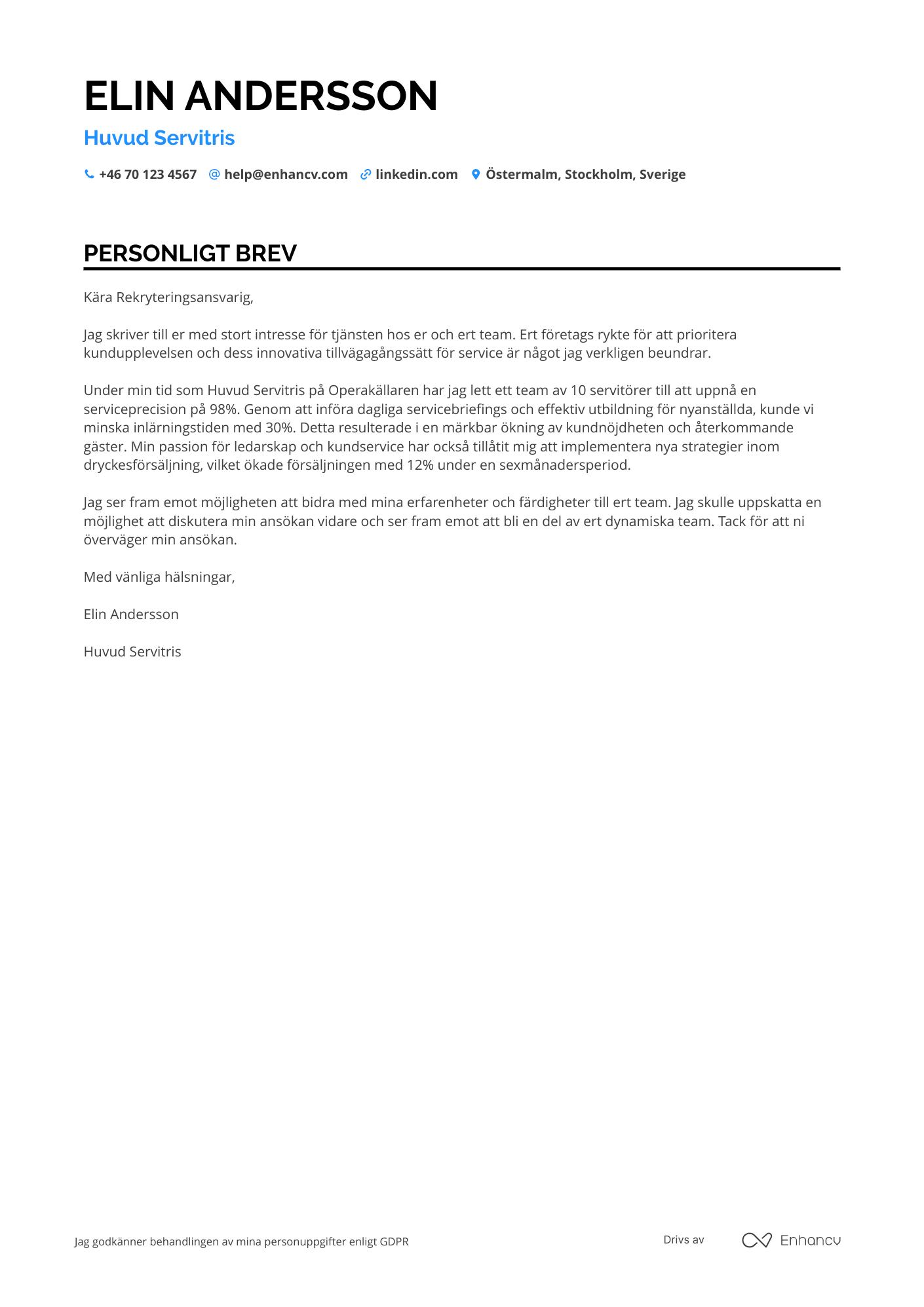 Personligt brev för Huvud Servitris Resume Example