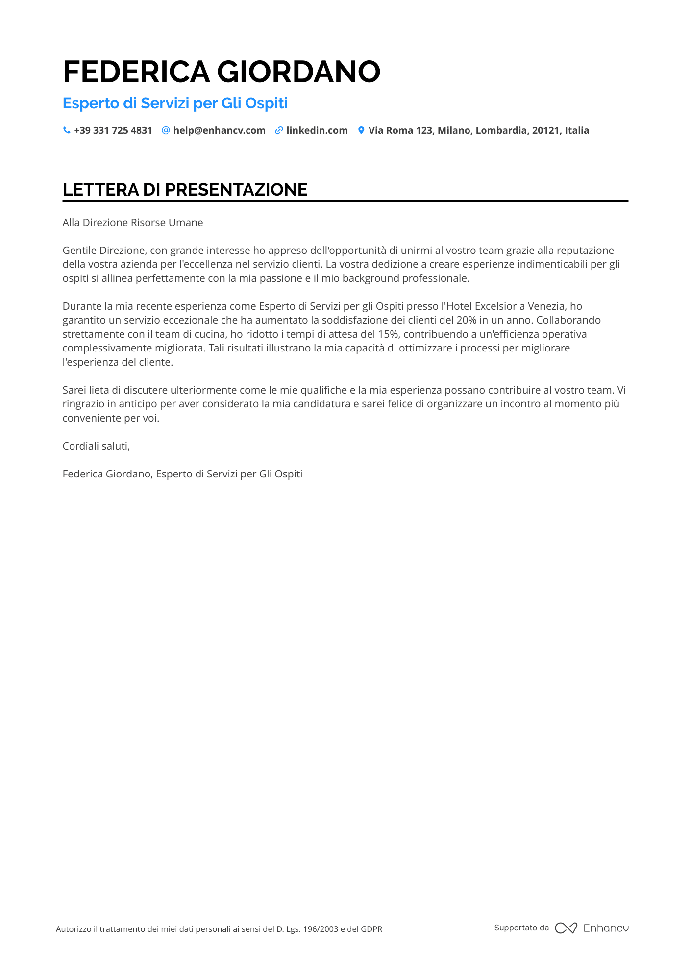 Cameriere di Resort Resume Example