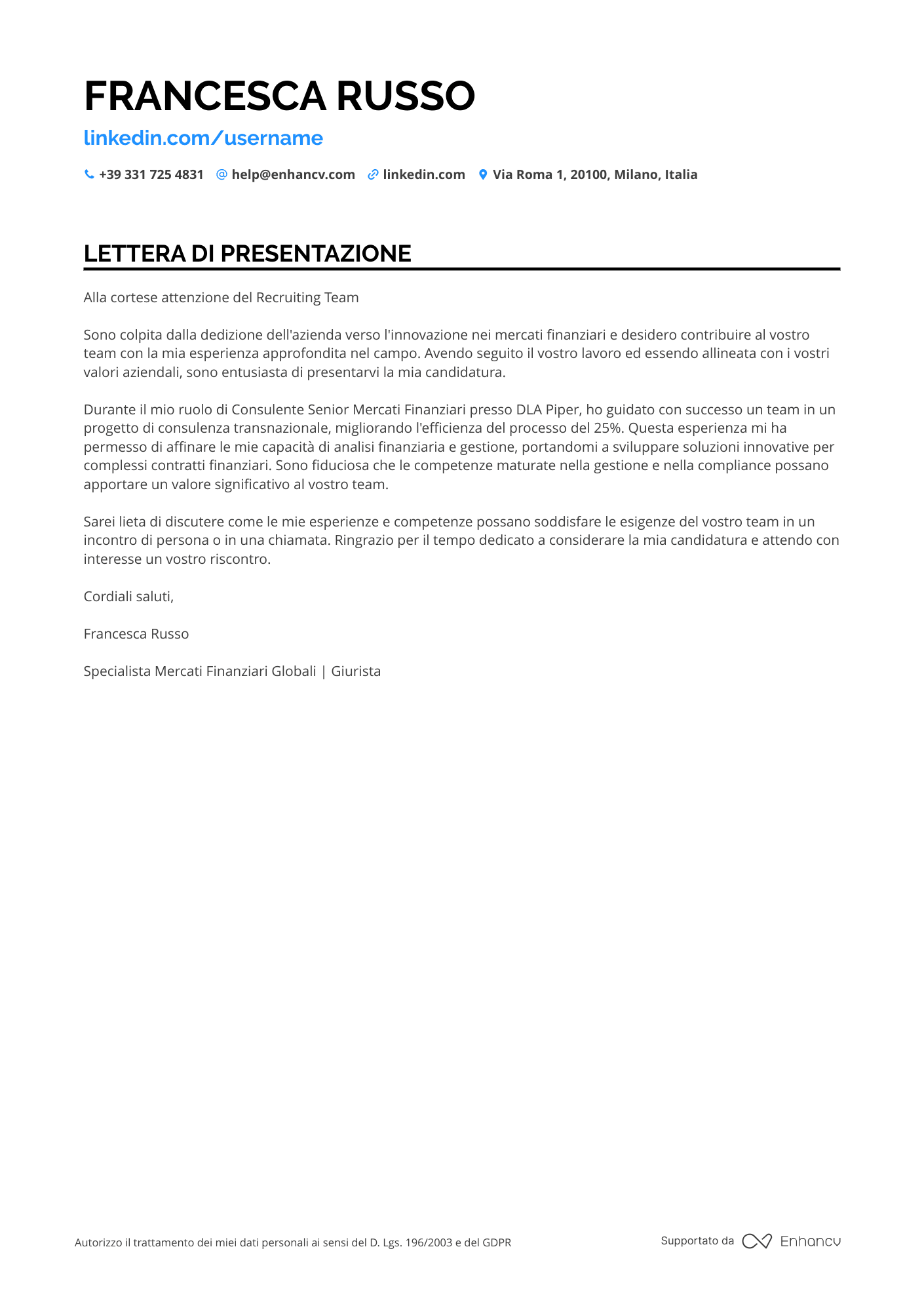 Neolaureato in Giurisprudenza Resume Example