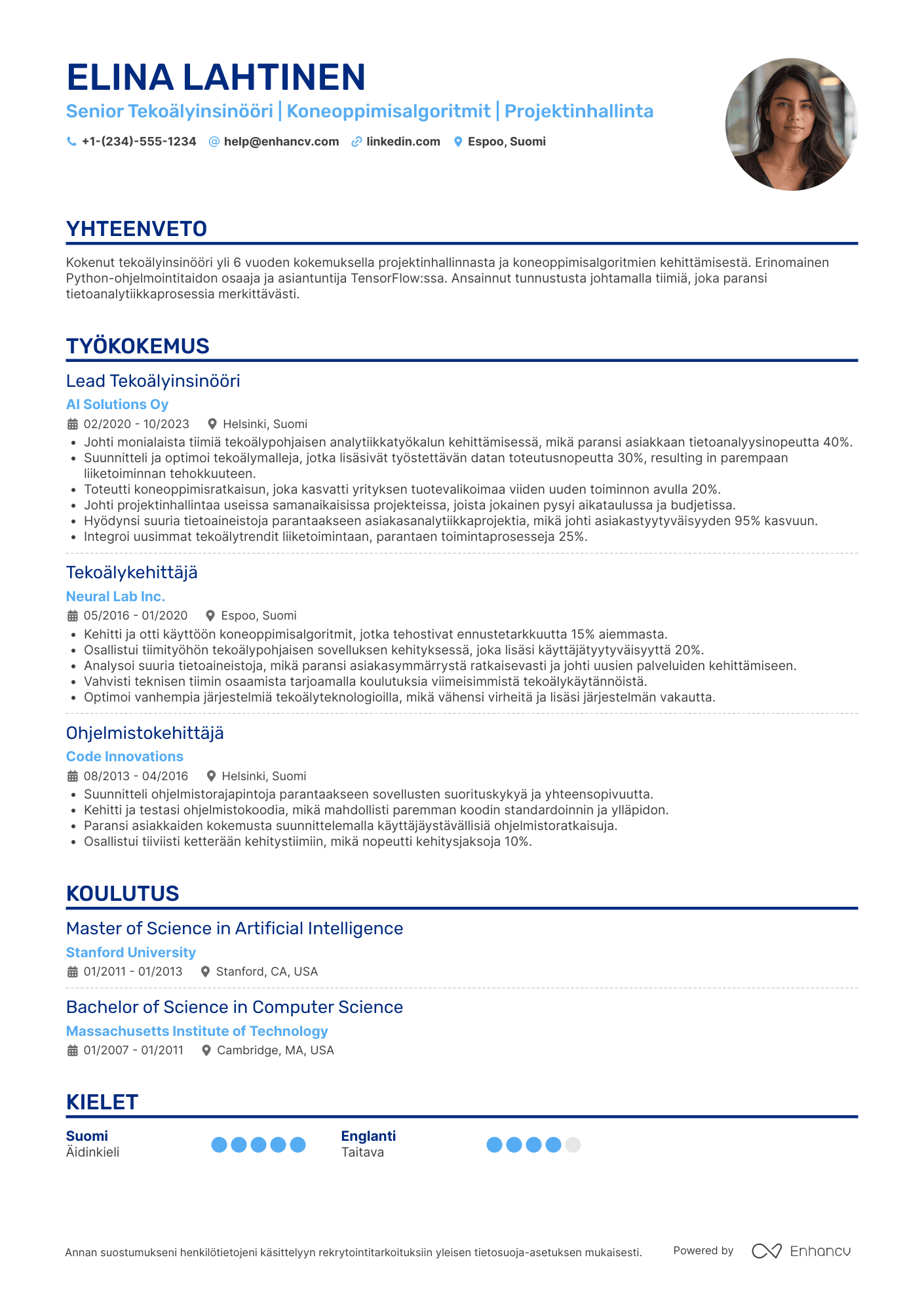 Ansioluettelo Senior Tekoälyinsinööri Resume Example