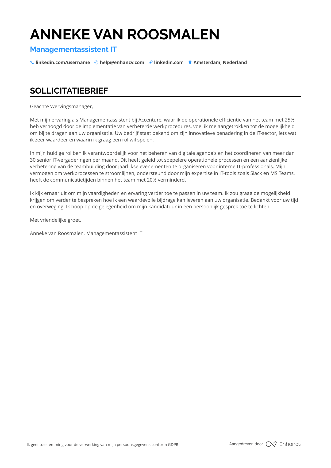 Sollicitatiebrief voor Managementassistent IT Resume Example