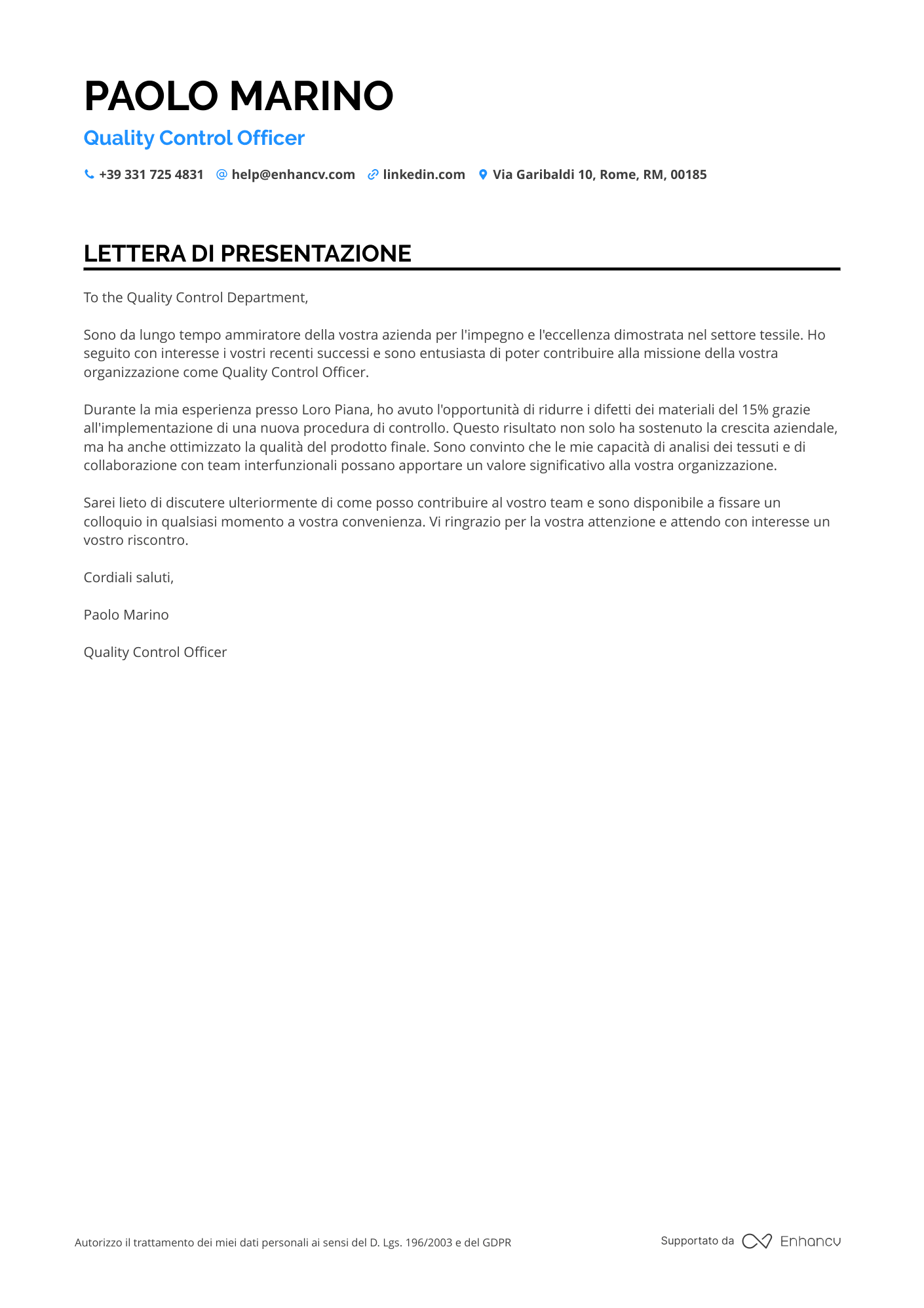 Operaio Tessile Resume Example