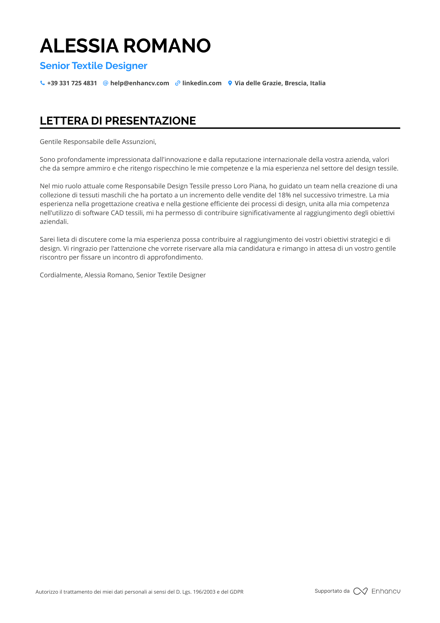 Designer di Moda Senior Resume Example