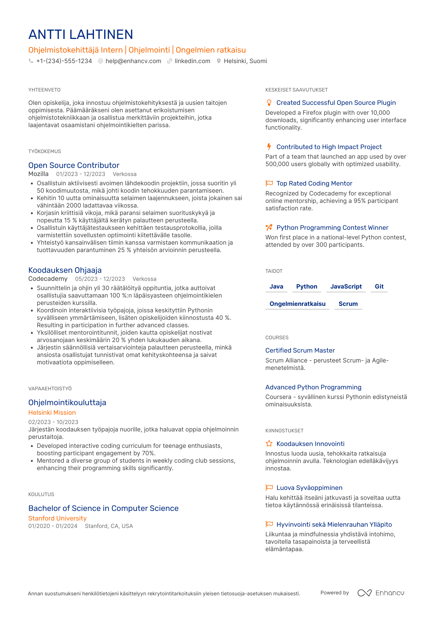 Ansioluettelo Ohjelmistokehittäjä Intern Resume Example