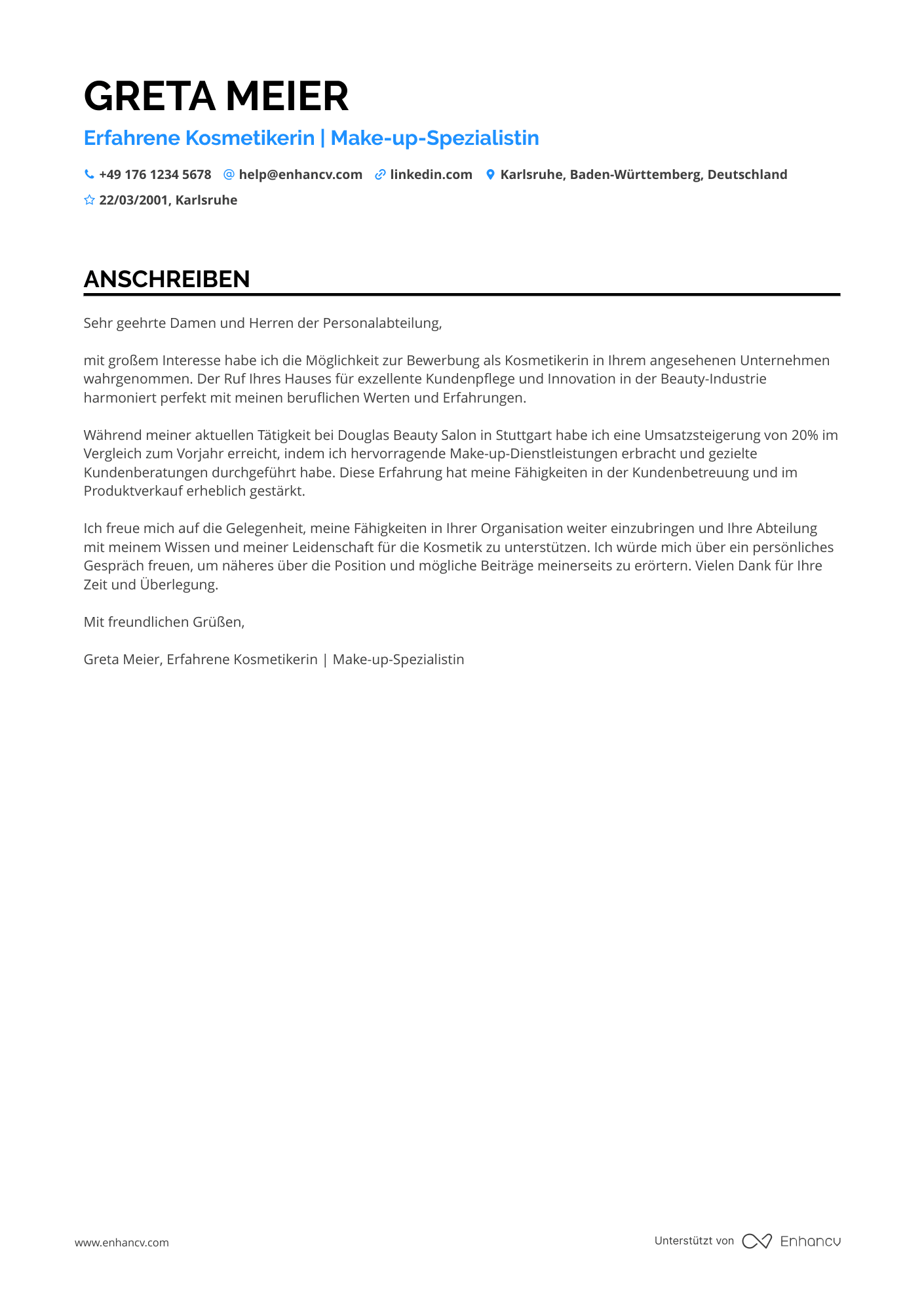 Kosmetikerin für Make up Anwendung Resume Example