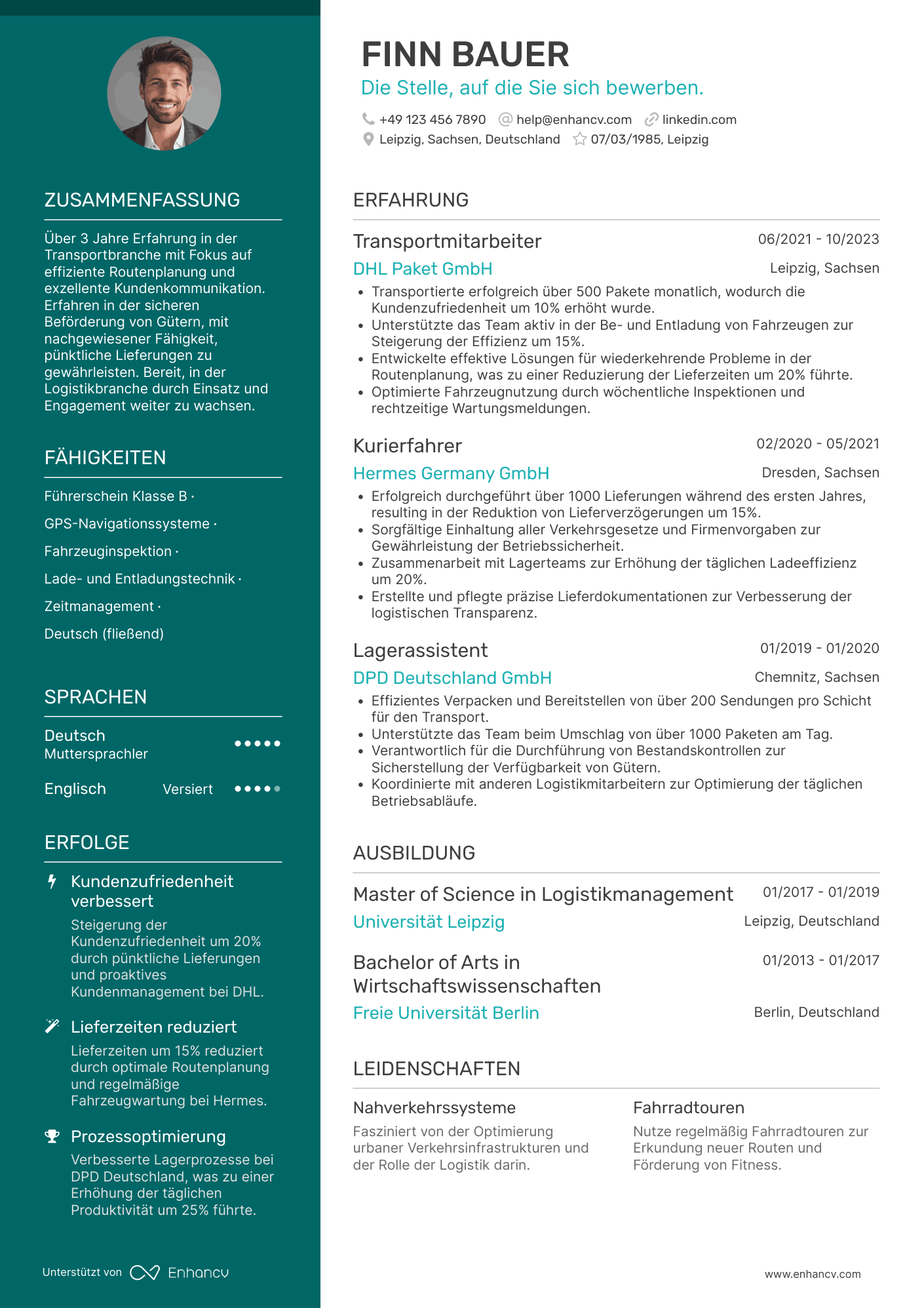 Lebenslauf als Fahrer ohne Berufserfahrung Resume Example