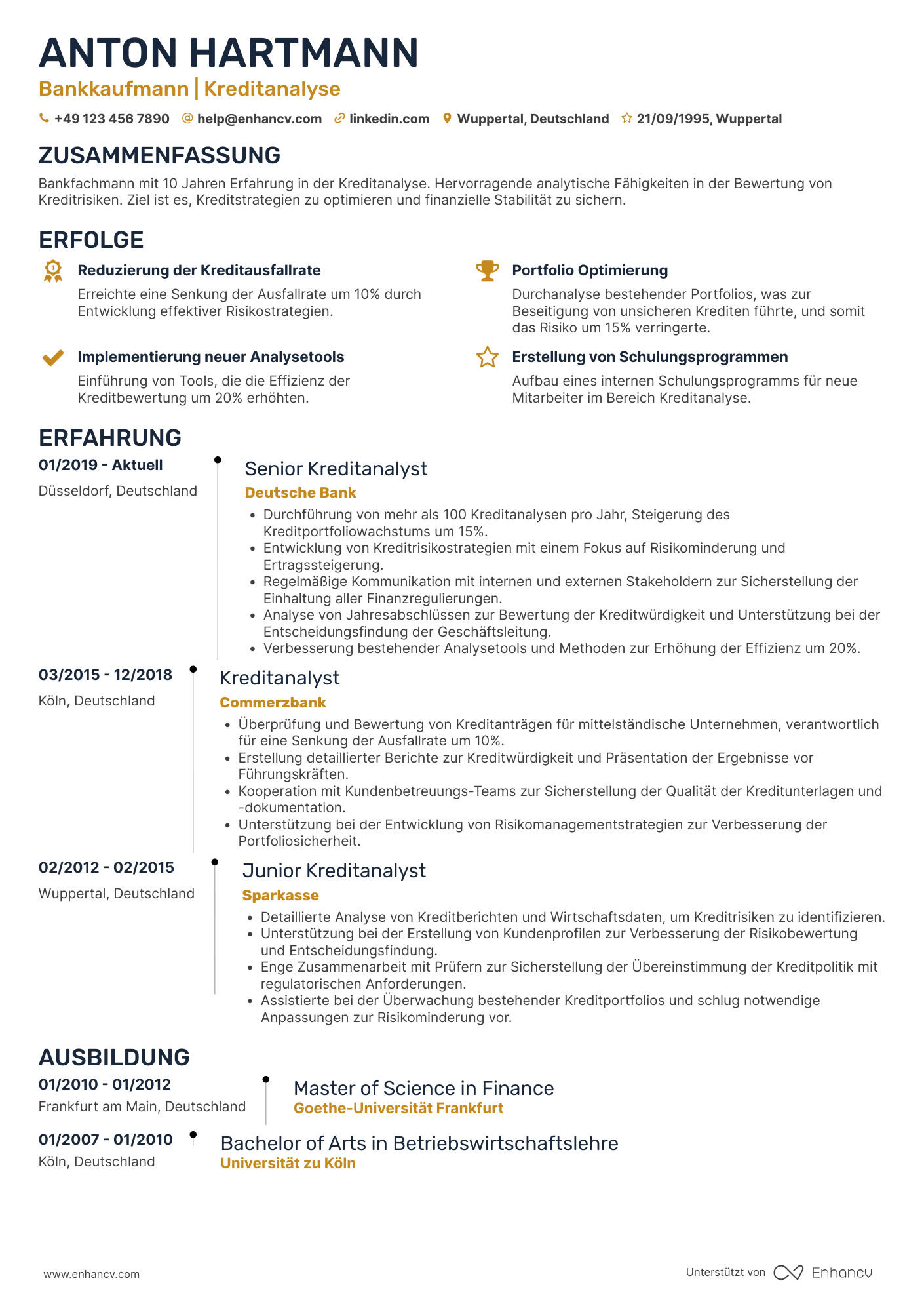 Lebenslauf als Bankkaufmann in der Kreditanalyse Resume Example