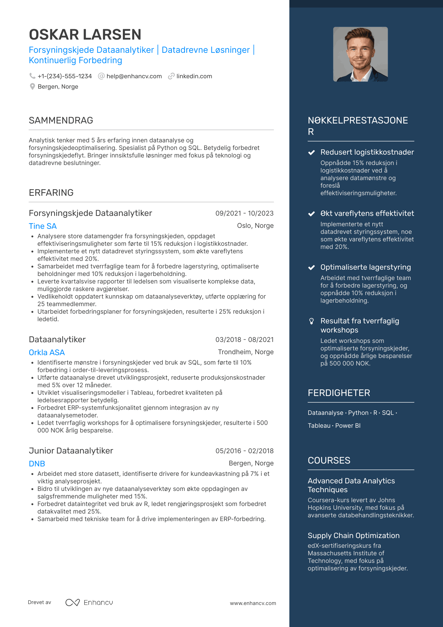 CV for Forsyningskjede Dataanalytiker Resume Example