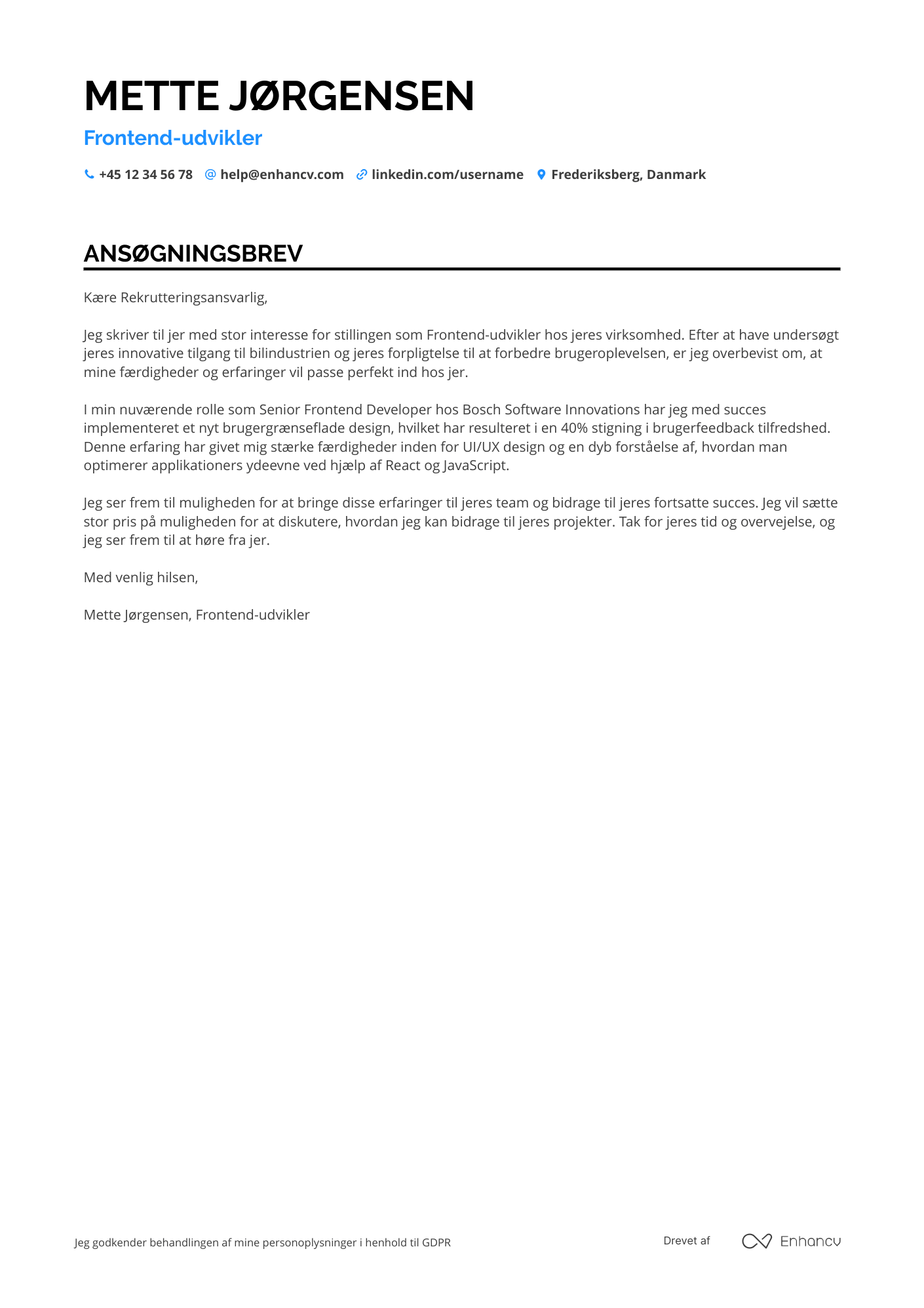 Ansøgningsbrev til Frontend udvikler i bilindustrien Resume Example