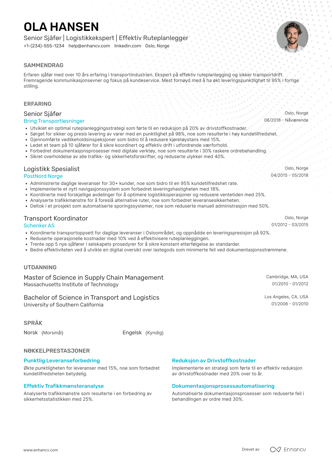 CV for Senior sjåfør Resume Example