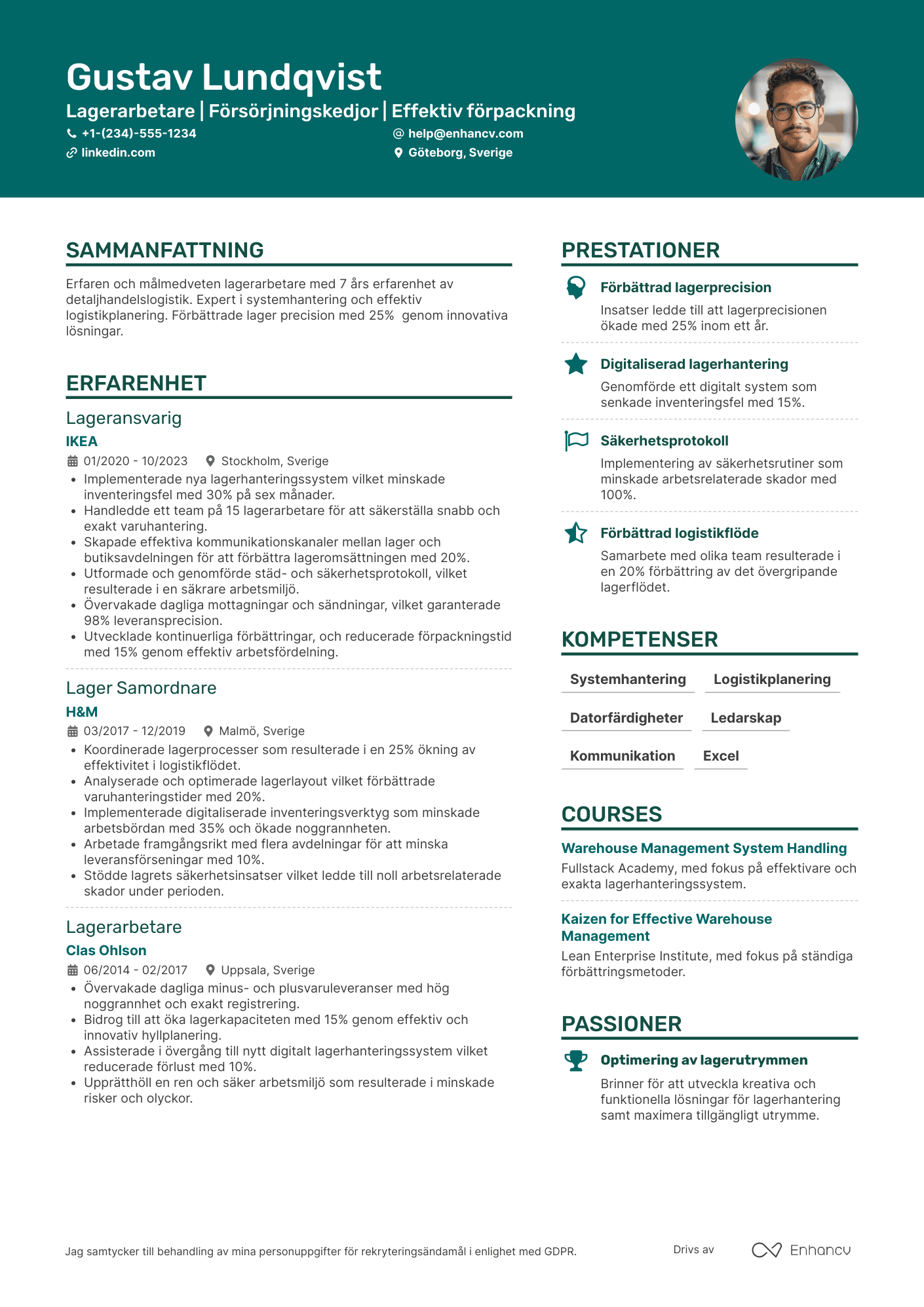 CV för Lagerarbetare detaljhandel Resume Example