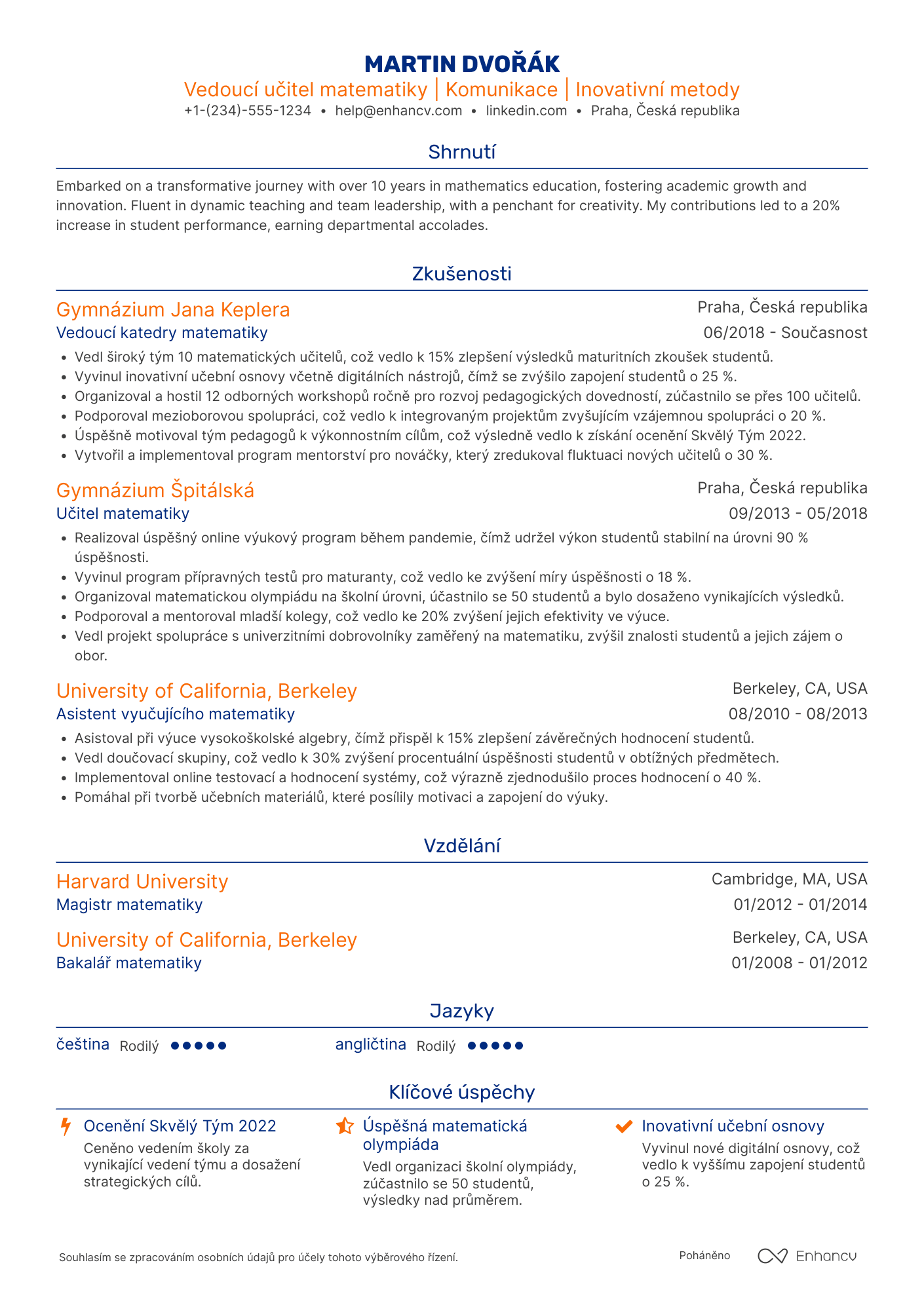 Životopis pro Vedoucí učitel matematiky Resume Example
