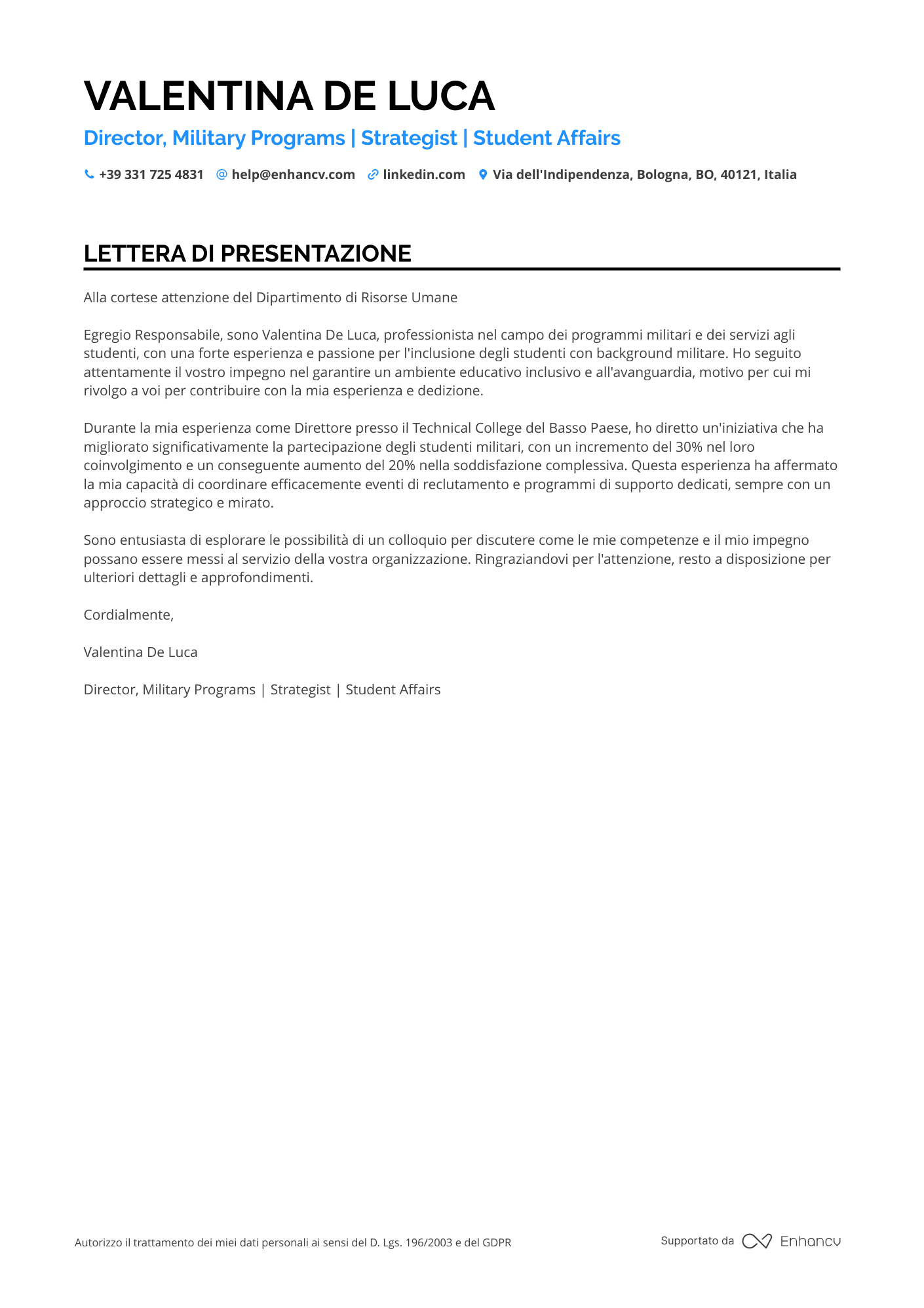 Direttore delle Operazioni Militari Resume Example