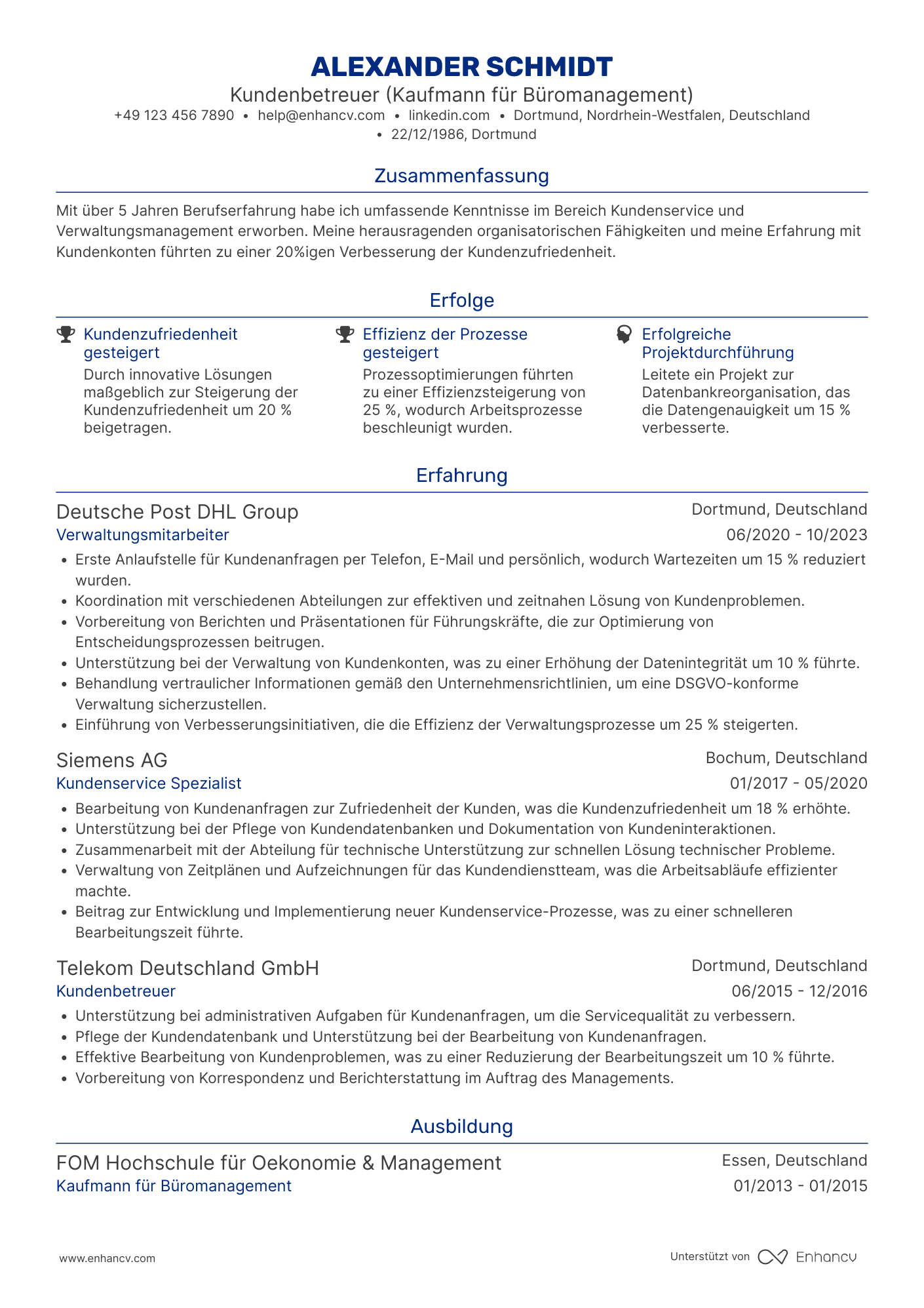 Lebenslauf als Verwaltungsassistent für Kundenservice Resume Example