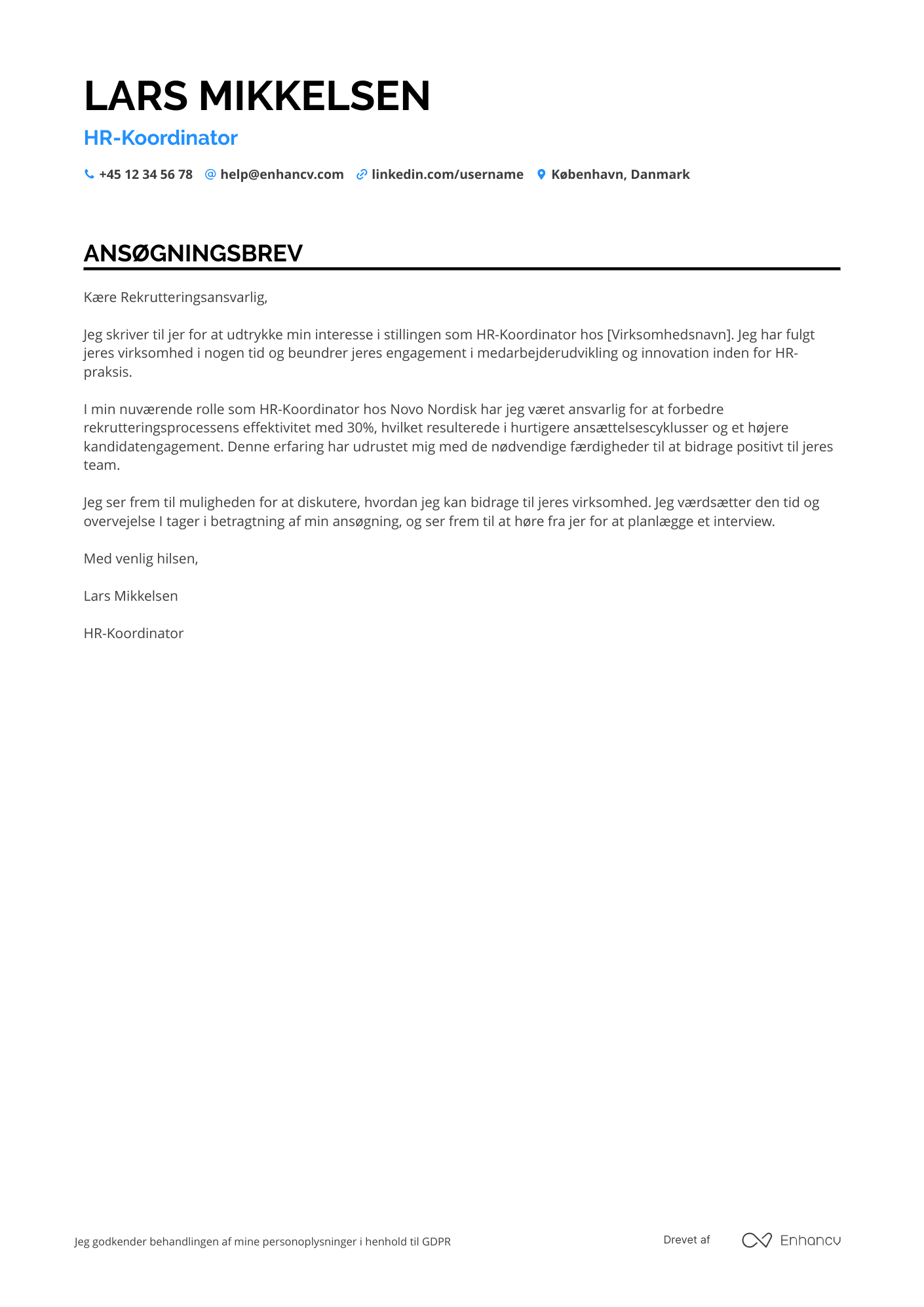 Ansøgningsbrev til HR koordinator Resume Example