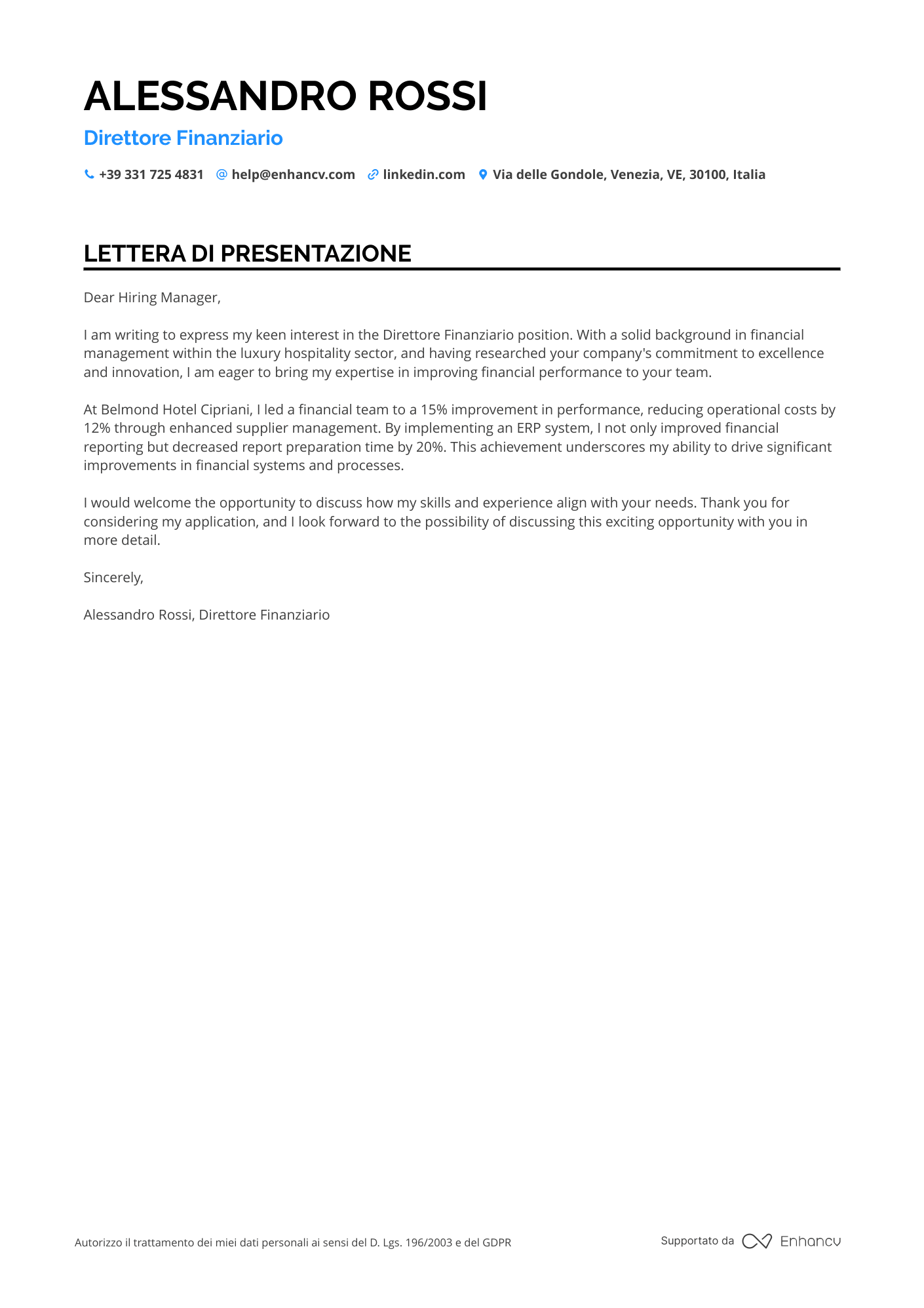 Direttore Generale di Finanza Resume Example