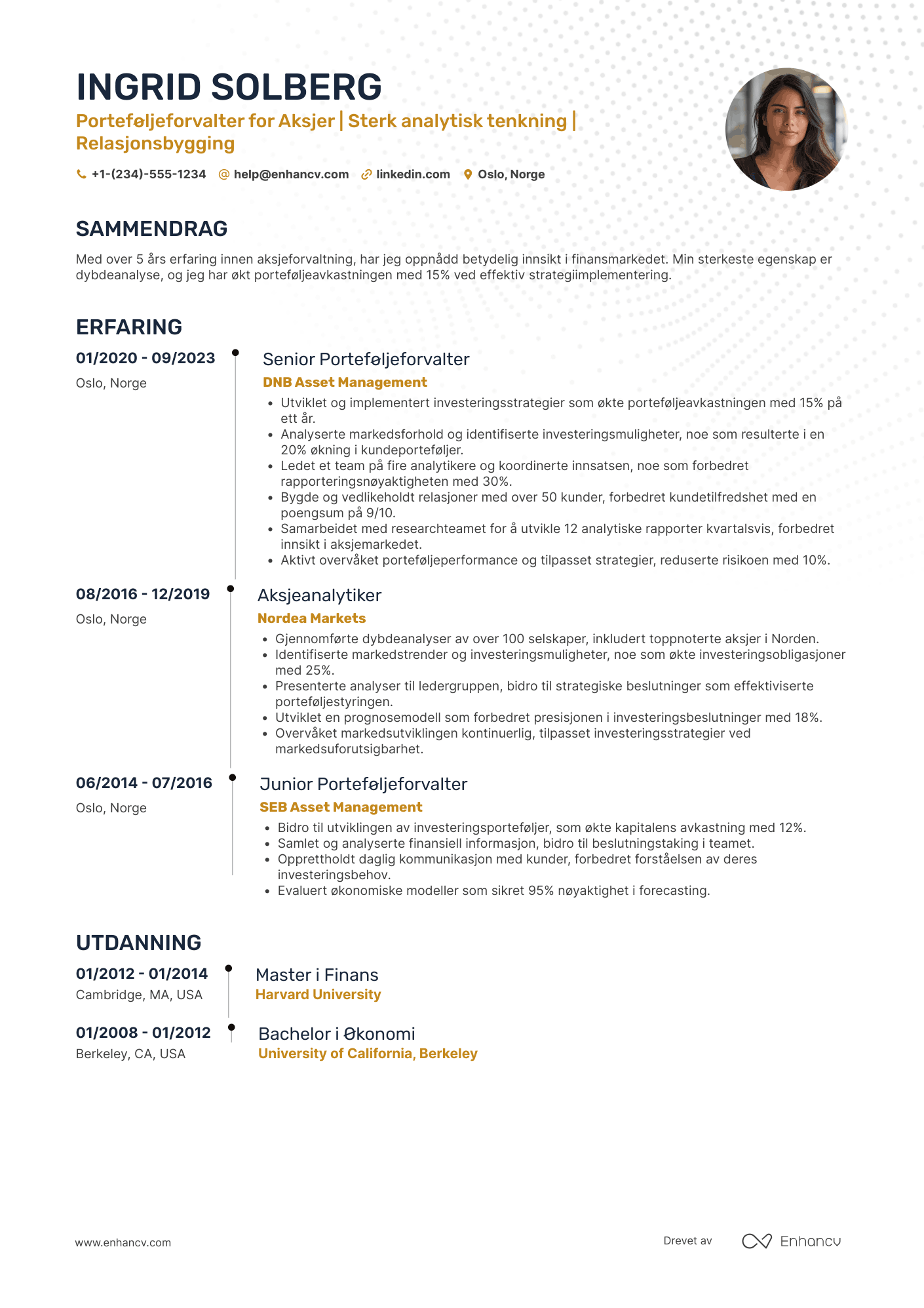 CV for Porteføljeforvalter for Aksjer Resume Example