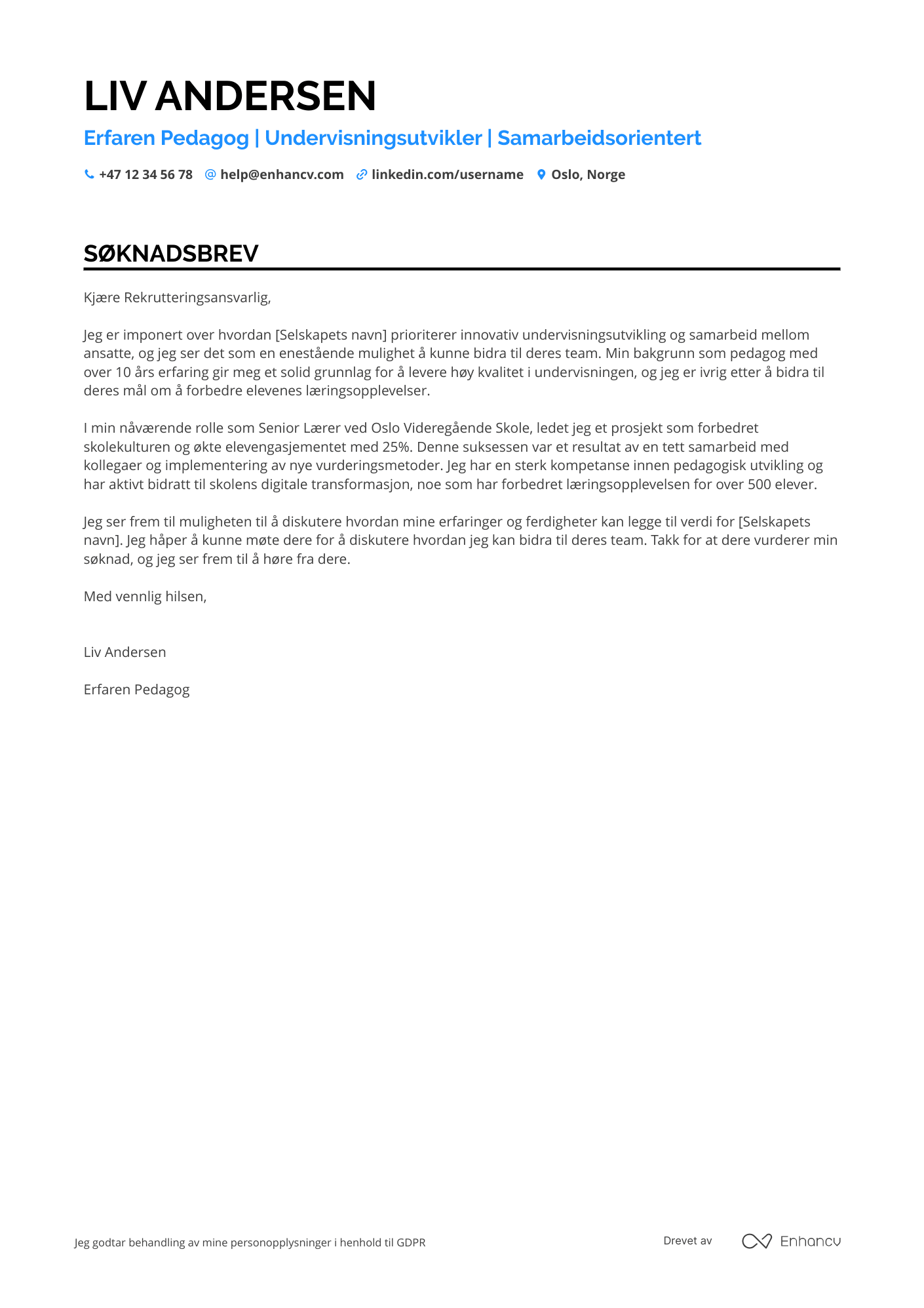Søknadsbrev for Erfaren lærer Resume Example