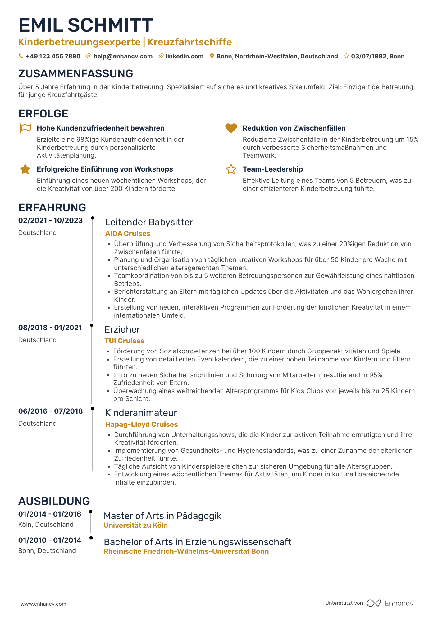 Lebenslauf in Babysitter für Kreuzfahrtschiffe Resume Example