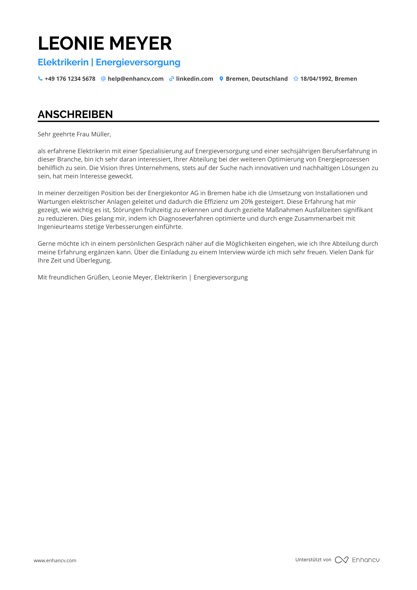 Elektriker in der Energieversorgung Resume Example