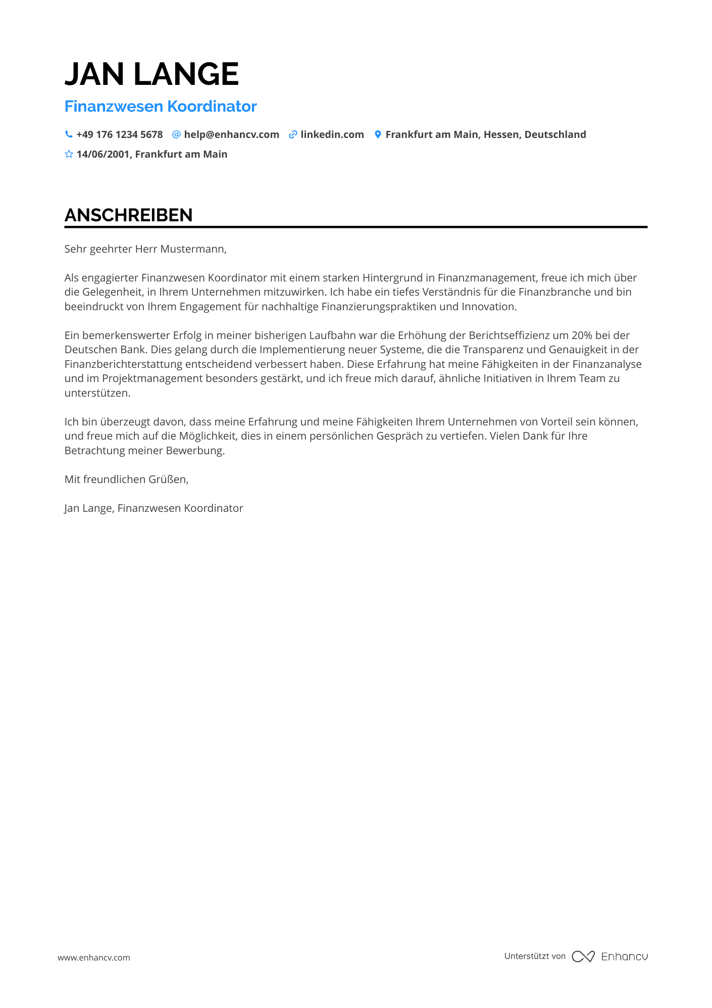 Finanzwesen Koordinator Resume Example