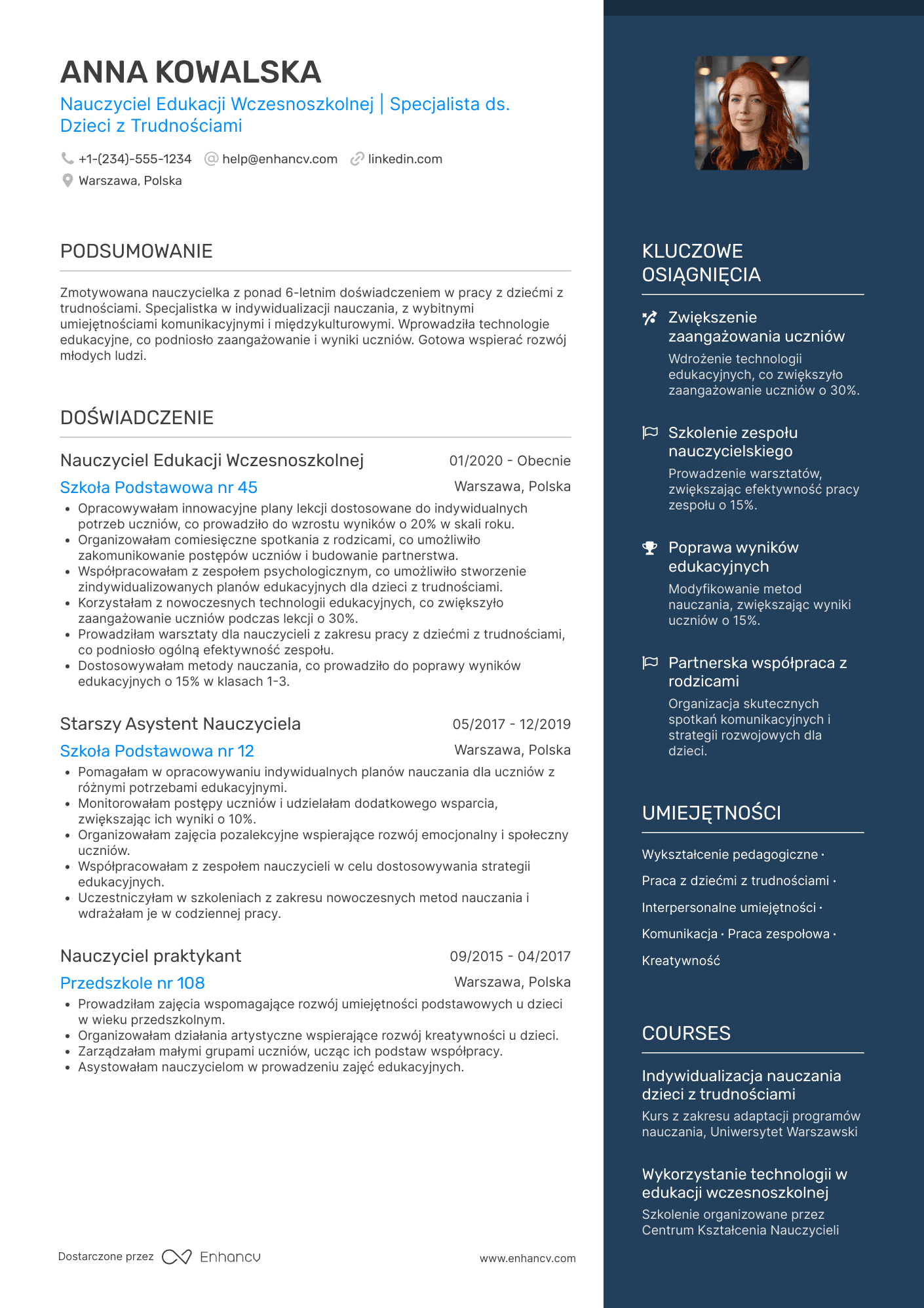 CV dla Nauczyciel Edukacji Wczesnoszkolnej Specjalista ds. Dzieci z Trudnościami Resume Example