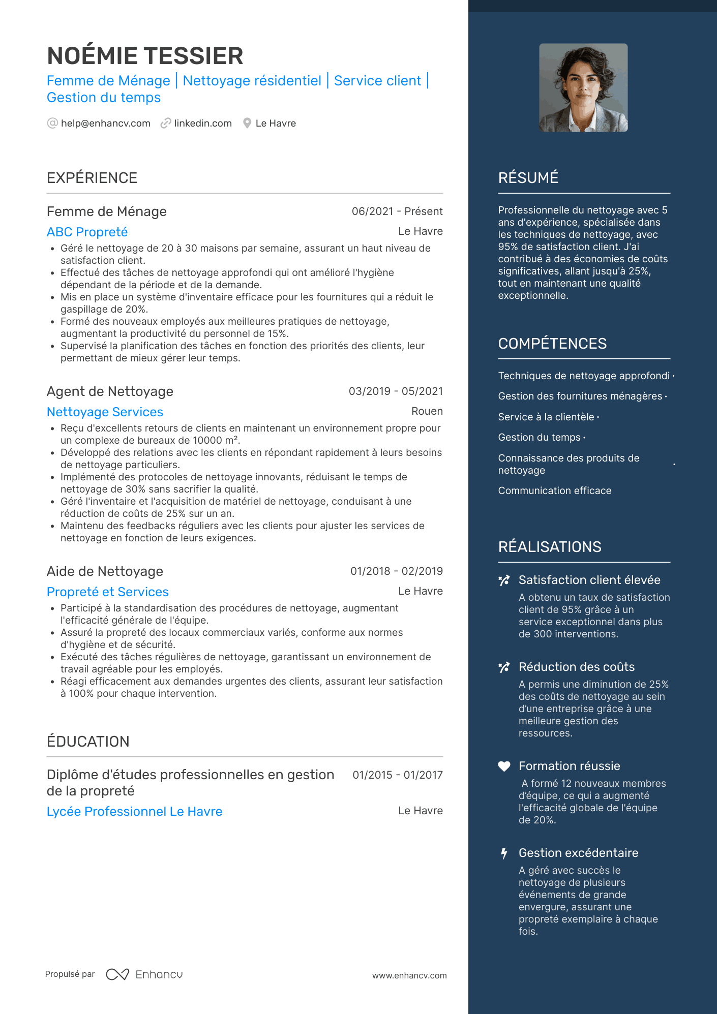 Femme de ménage avec 2 ans d’expérience Resume Example