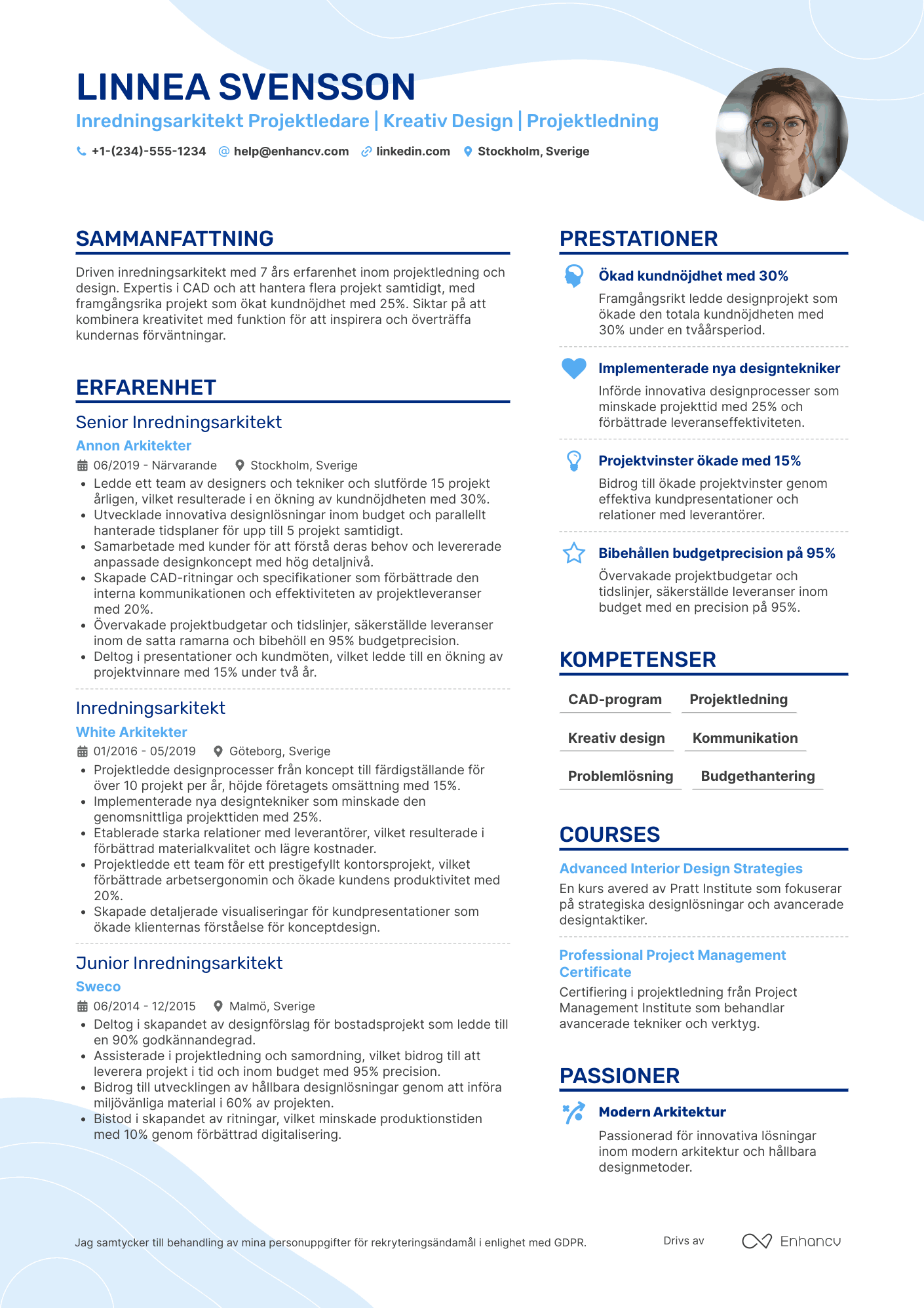 CV för Inredningsarkitekt Projektledare Resume Example
