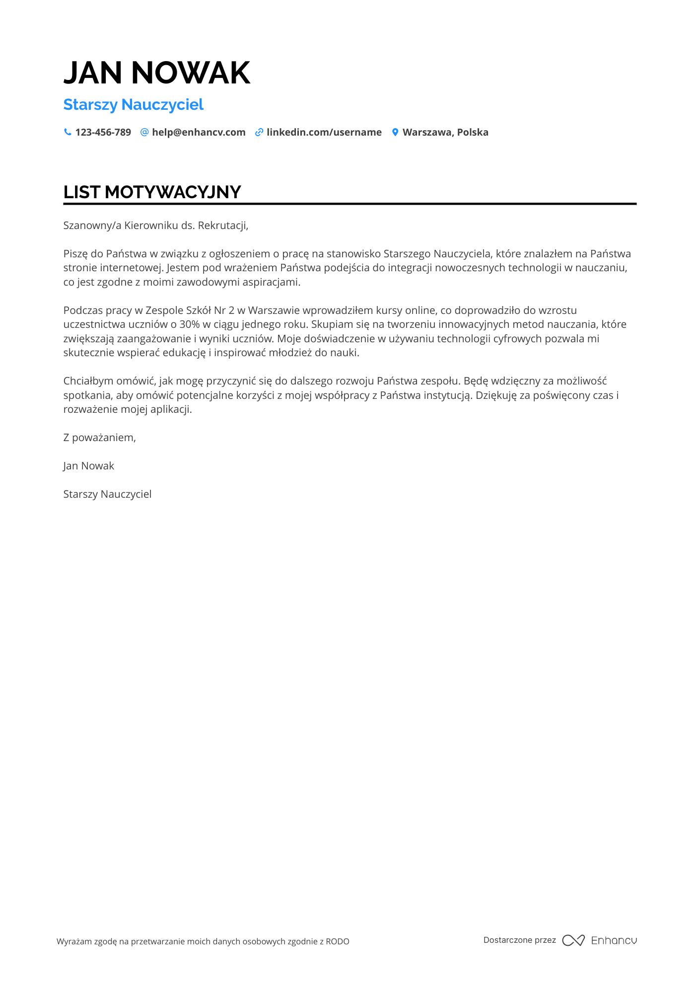 List motywacyjny dla Starszy Nauczyciel Resume Example