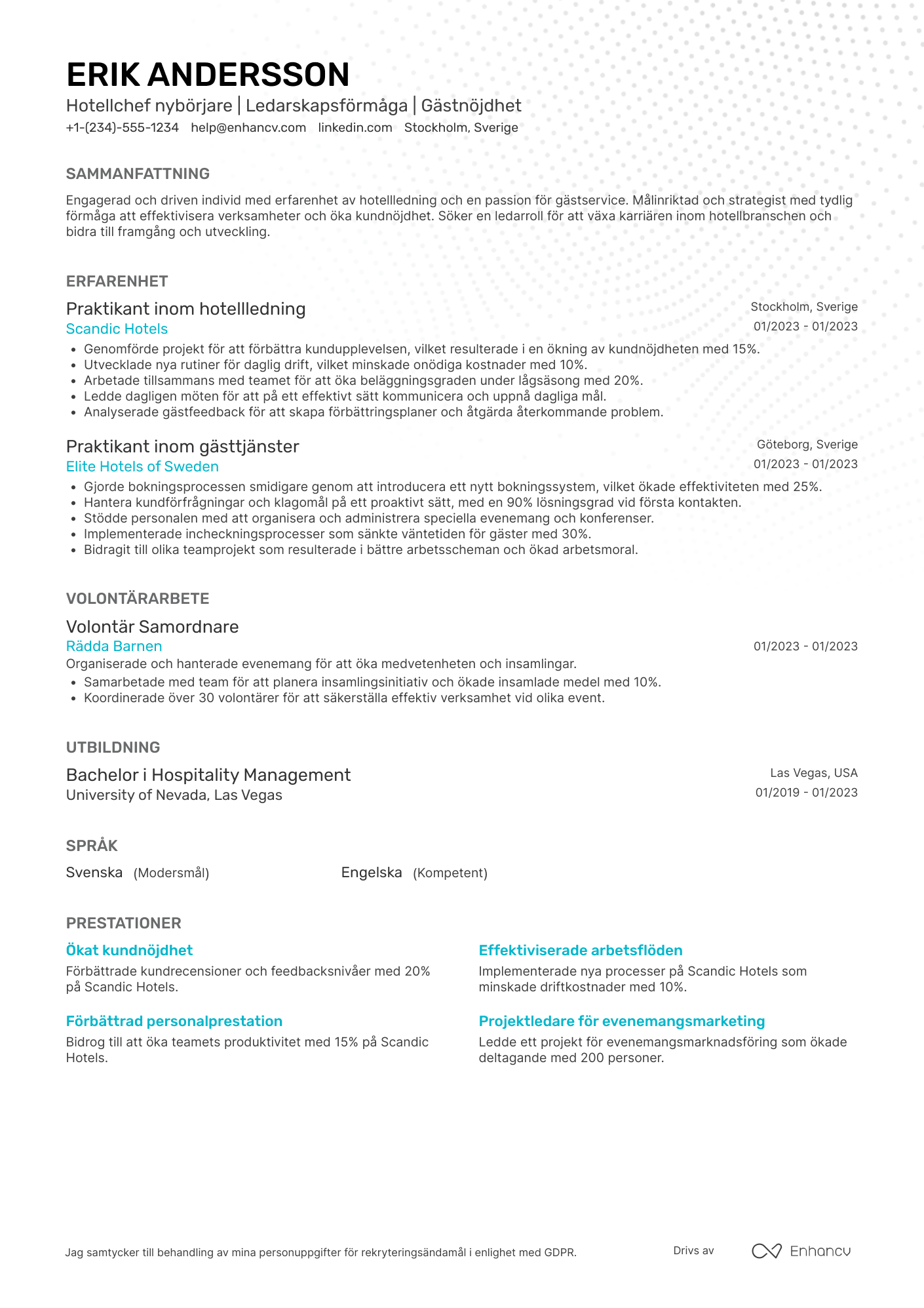CV för Hotellchef nybörjare Resume Example