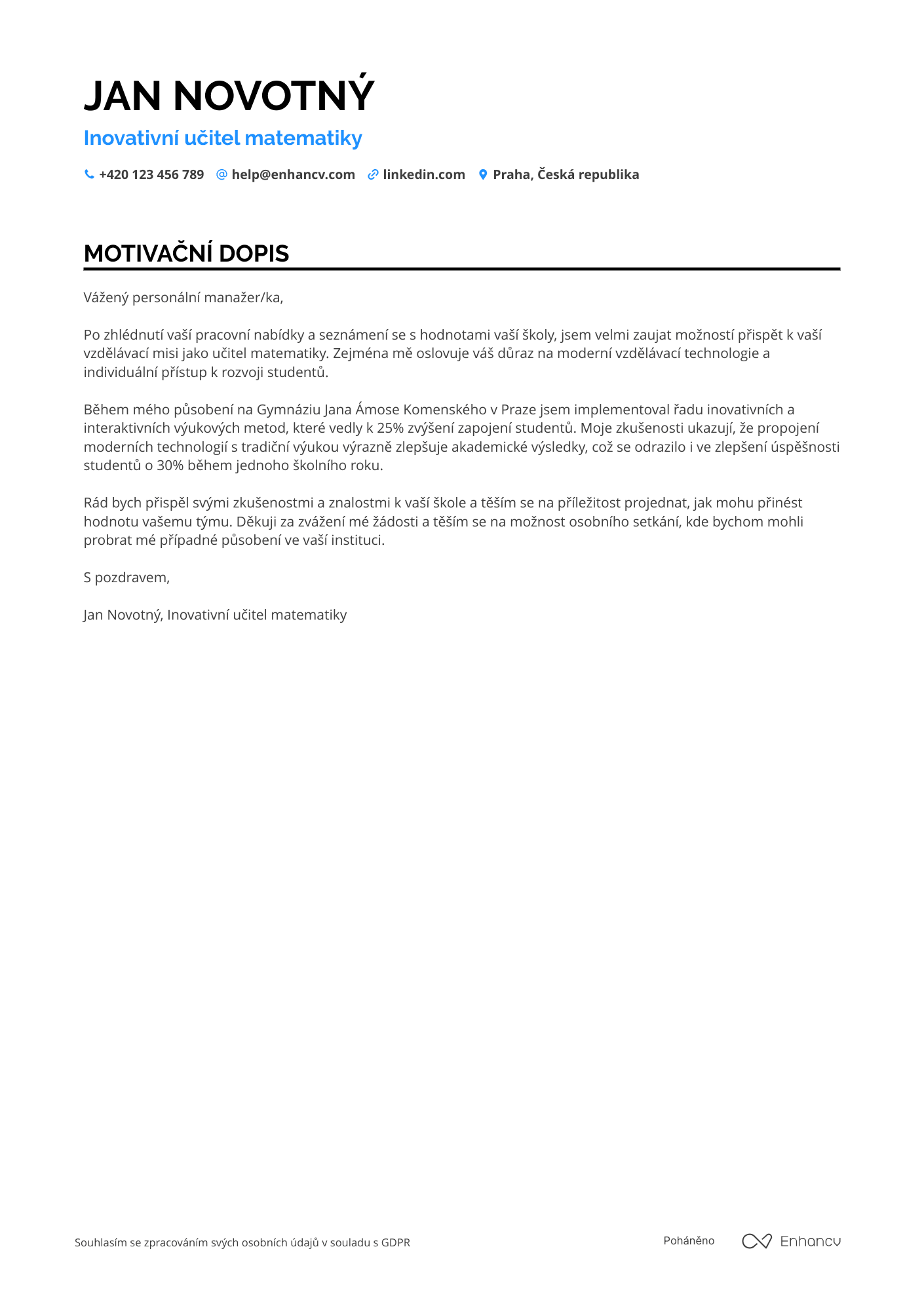 Motivační dopis pro Inovativní učitel matematiky Resume Example