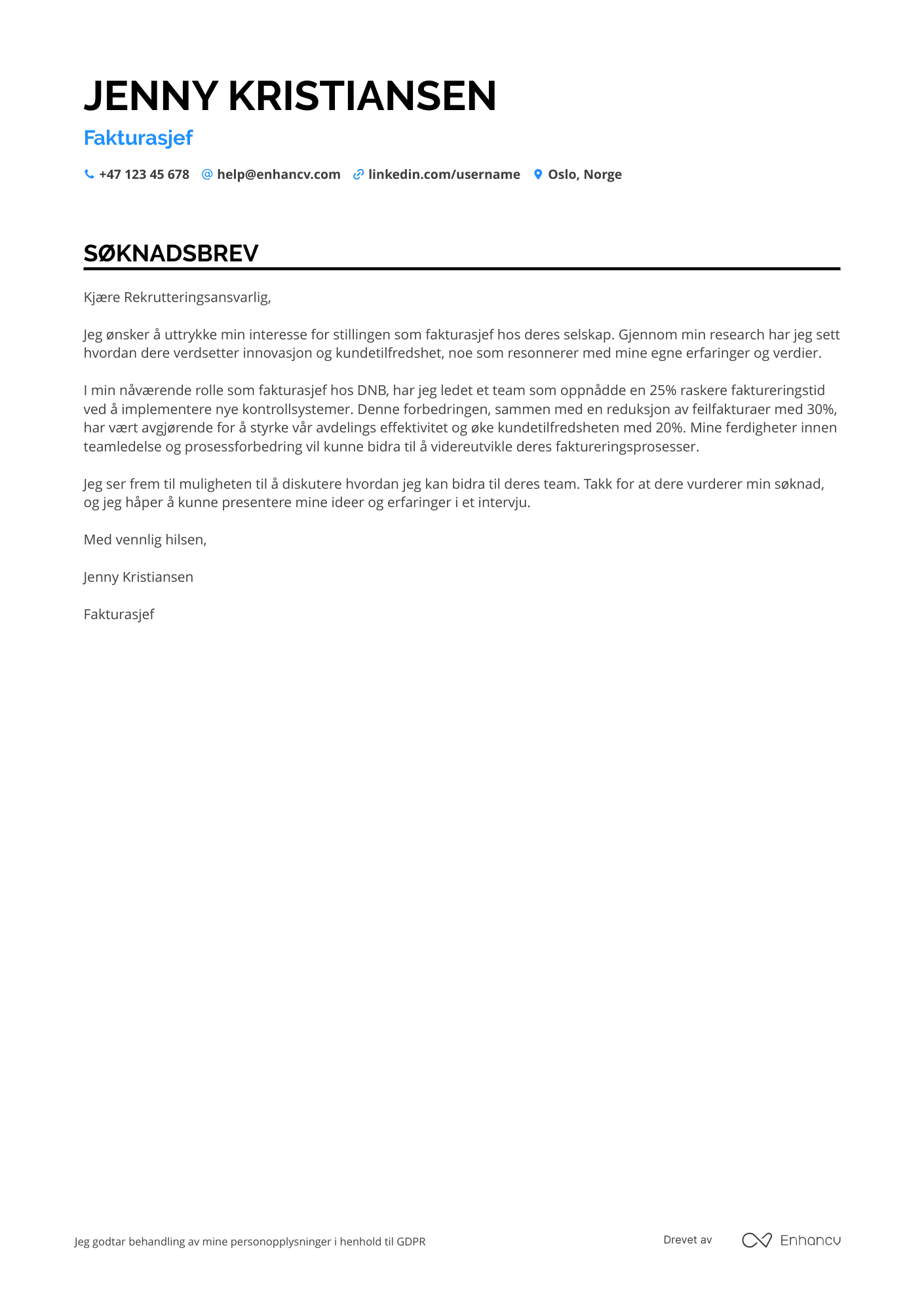 Søknadsbrev for Fakturasjef Salg Resume Example