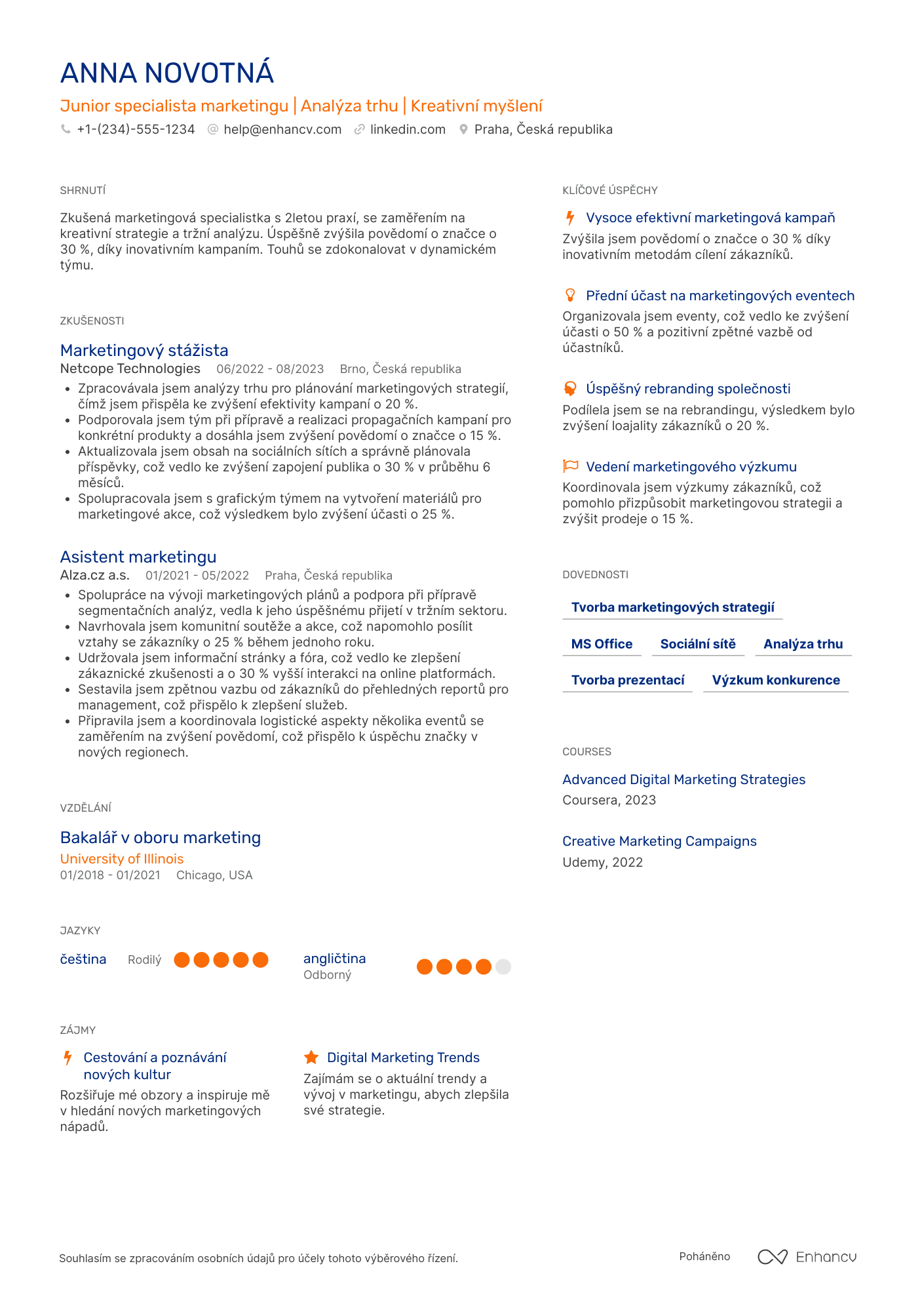 Životopis pro Junior specialista marketingu Resume Example